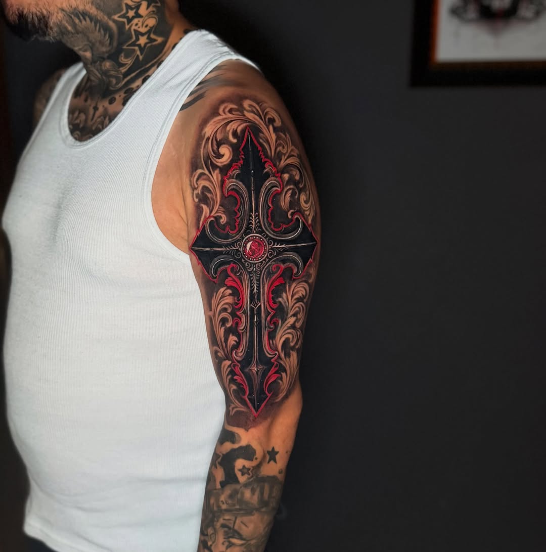 Tattoo by @tiptopartist — blackwork, ornamental