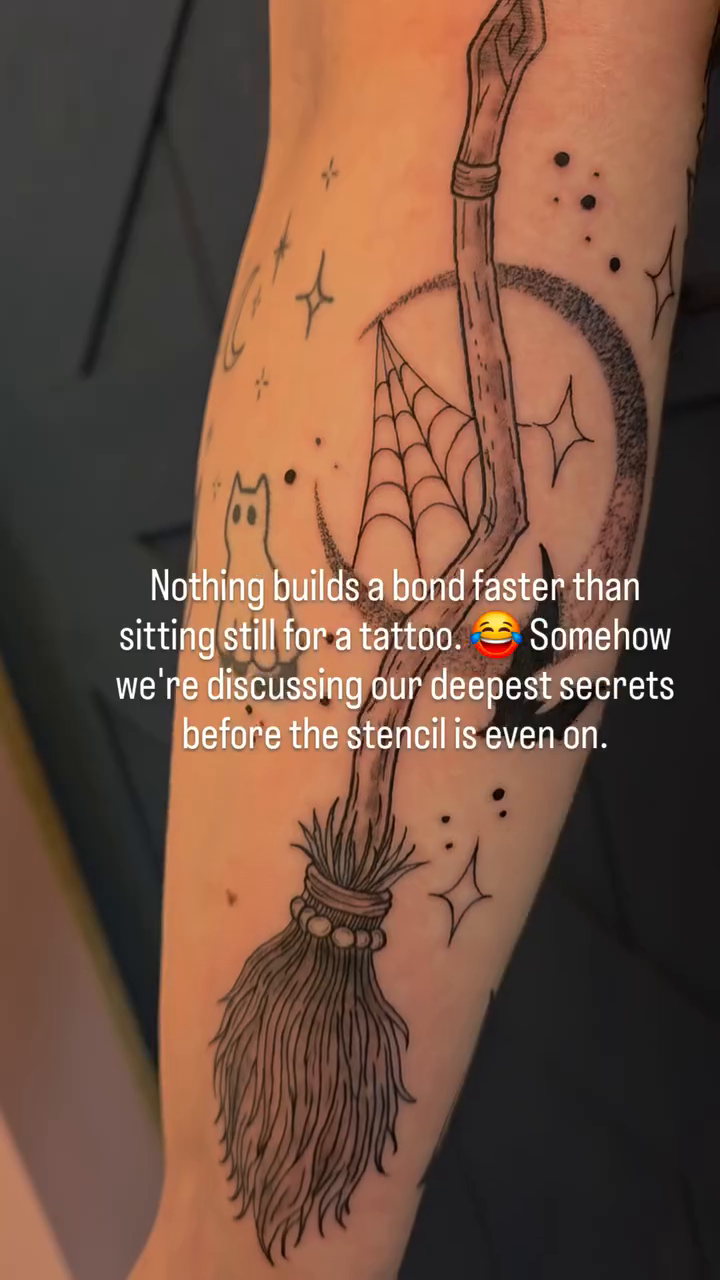 Witch's broomstick and celestial elements minimalist tattoo on the forearm by Danyelle Becker