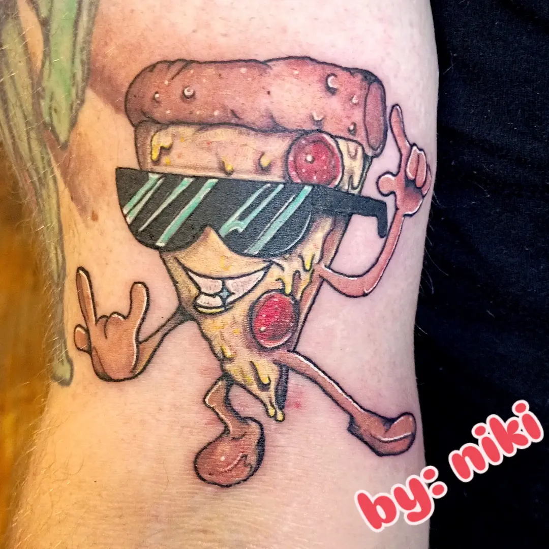 Cheeseburger character new school tattoo on the forearm by Niki Jackson