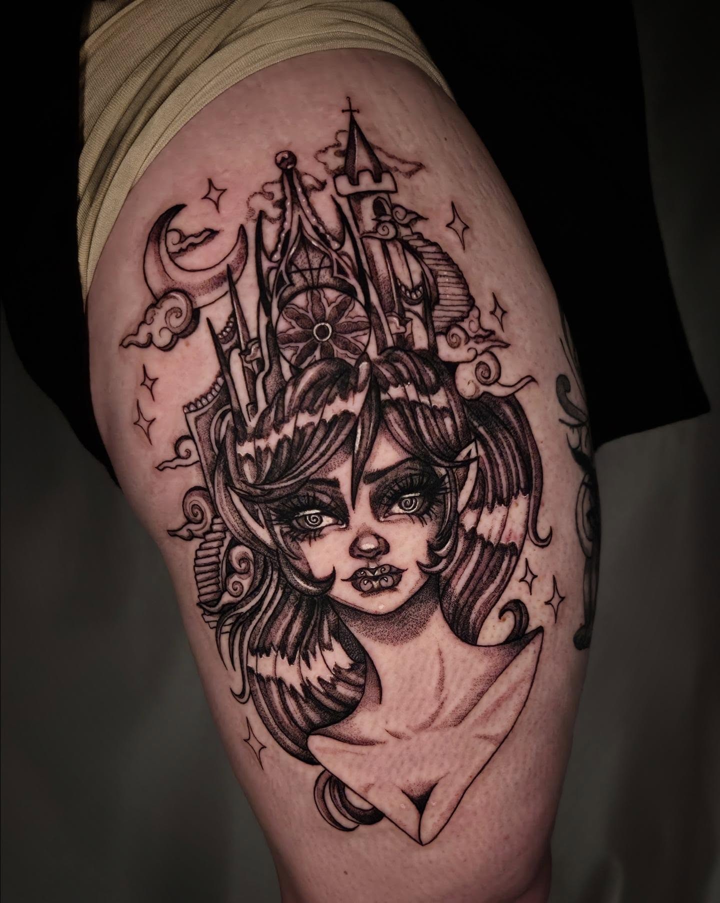 Angelic figure realism tattoo on the thigh by Devin 🖤