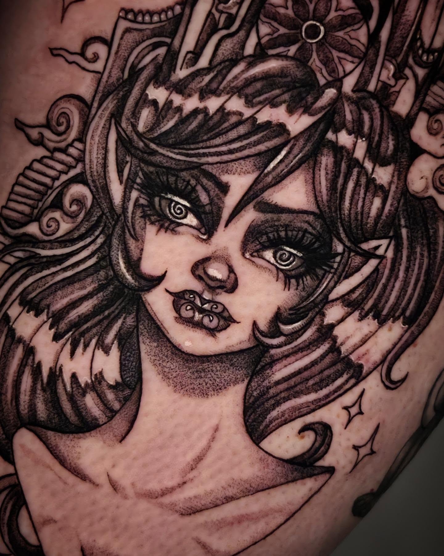 Woman with exaggerated features black and grey tattoo on the shoulder by Devin 🖤