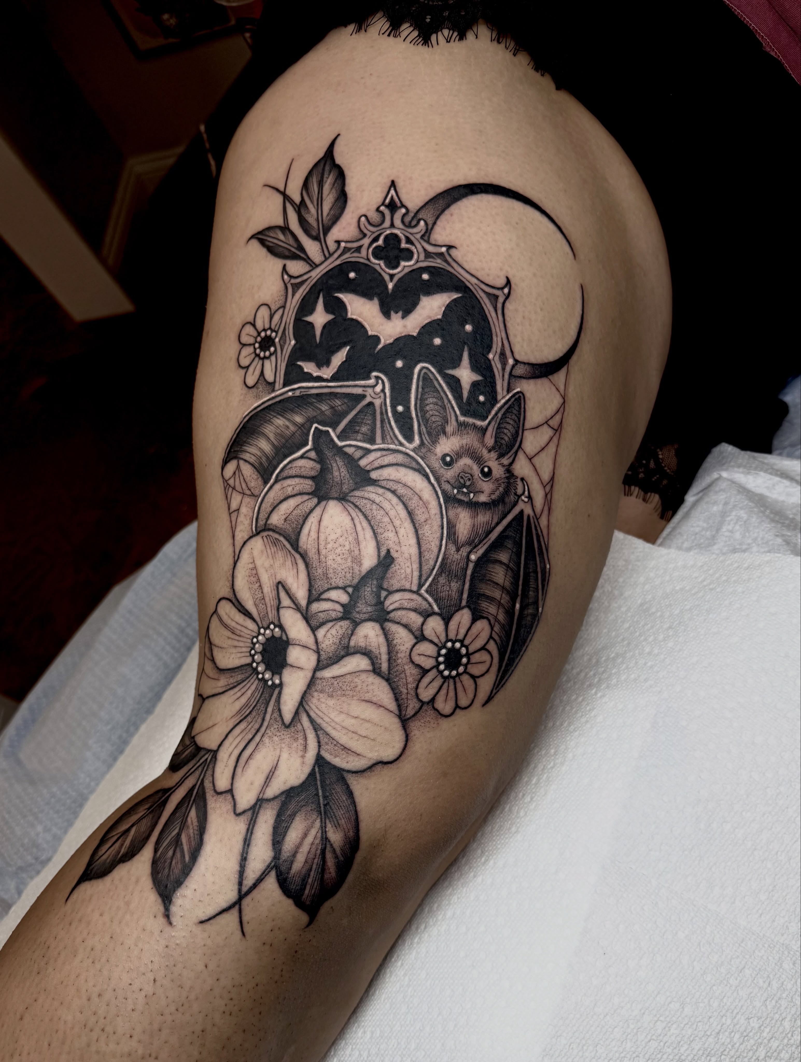 Bat and pumpkin realism tattoo on the forearm by ⚡️ Krissy Fabis ⚡️