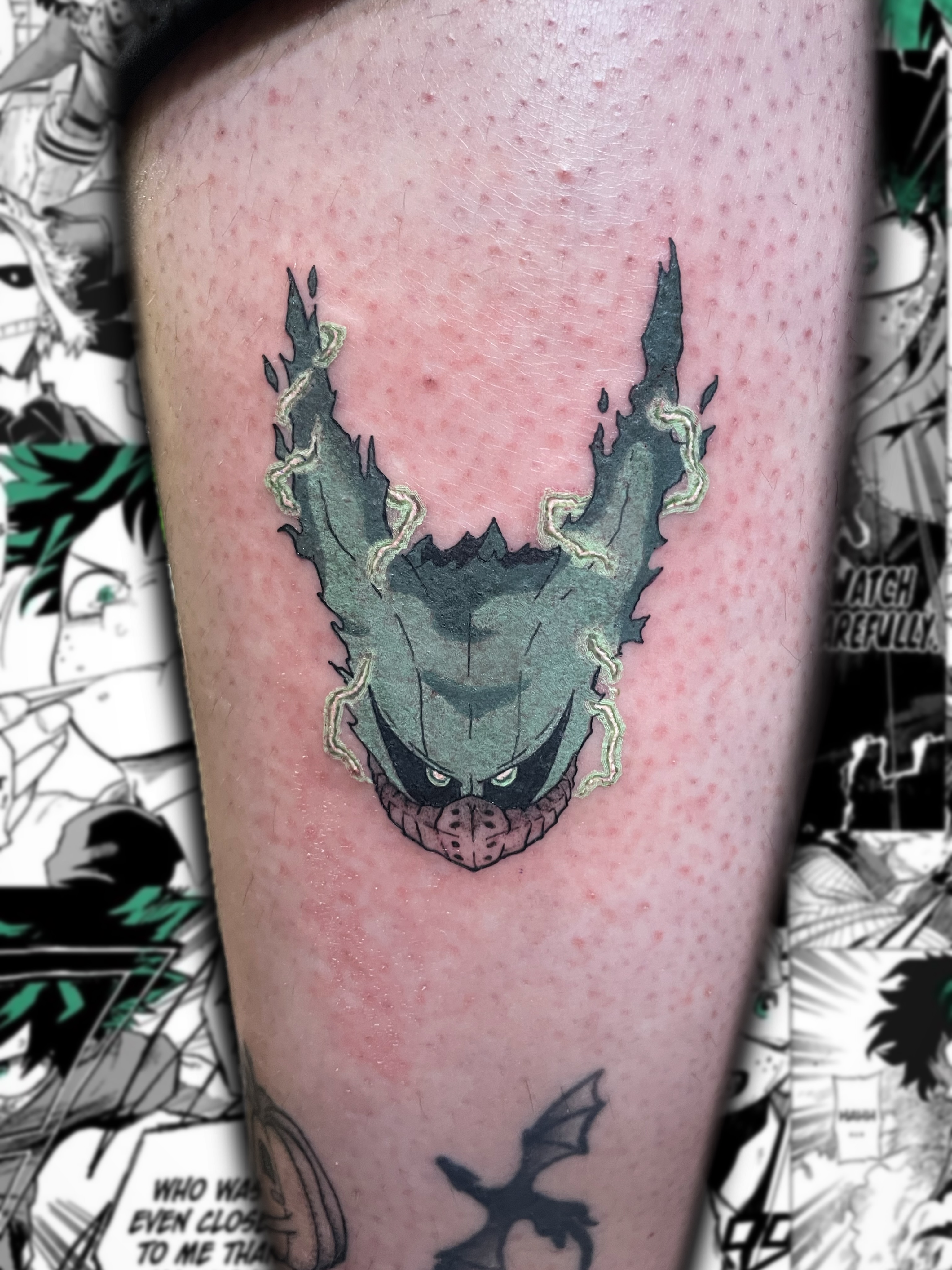 Demon mask dark realism tattoo on the thigh by Shontel Fowler