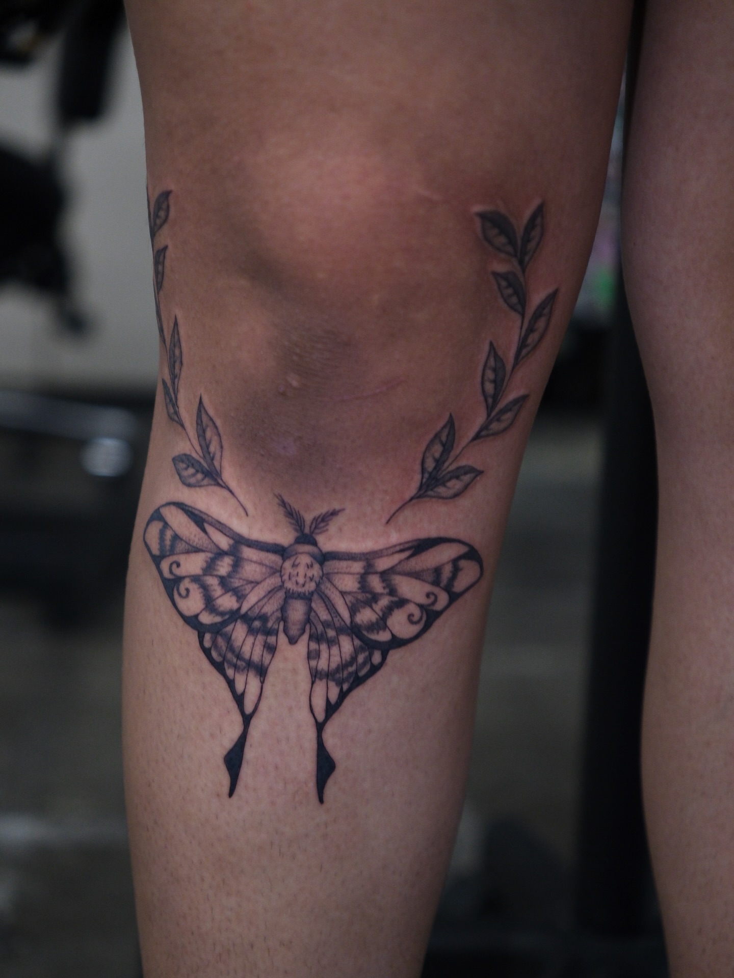 Moth black and grey tattoo on the thigh by Kiana Hope