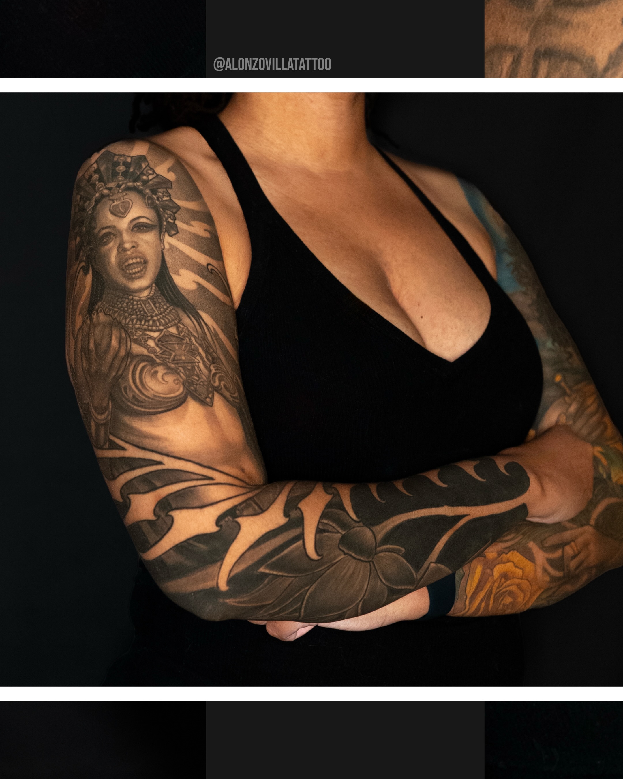 Woman American traditional tattoo on the upper arm by Alonzo Villa Tattoo