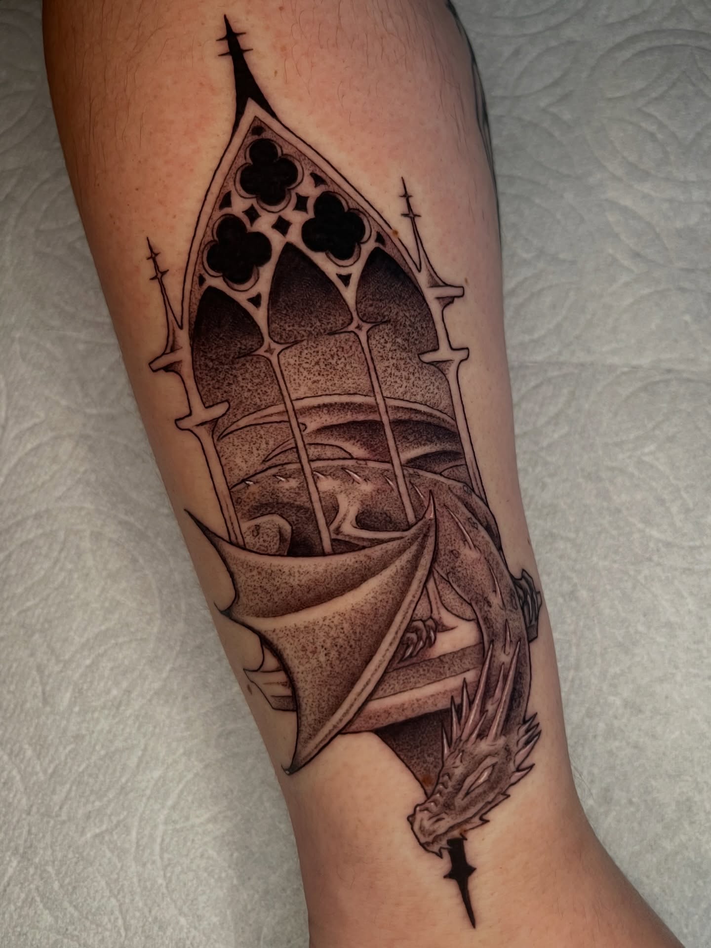 Dragon and gothic window dotwork tattoo on the forearm by Odi ✮⋆˙, Las Vegas, Nevada