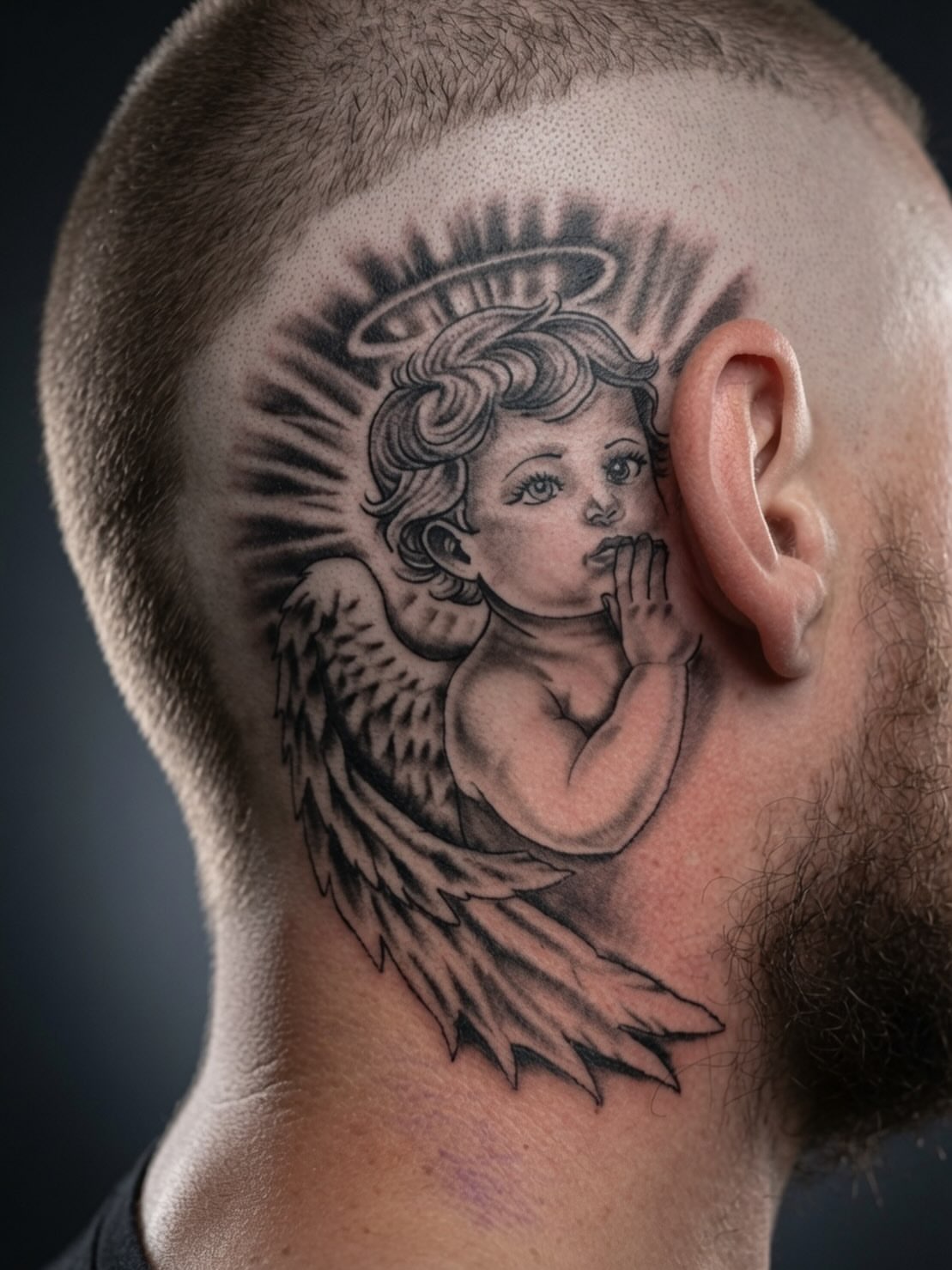 Angel black and grey tattoo on the neck by Jacob - Tattoo Artist
