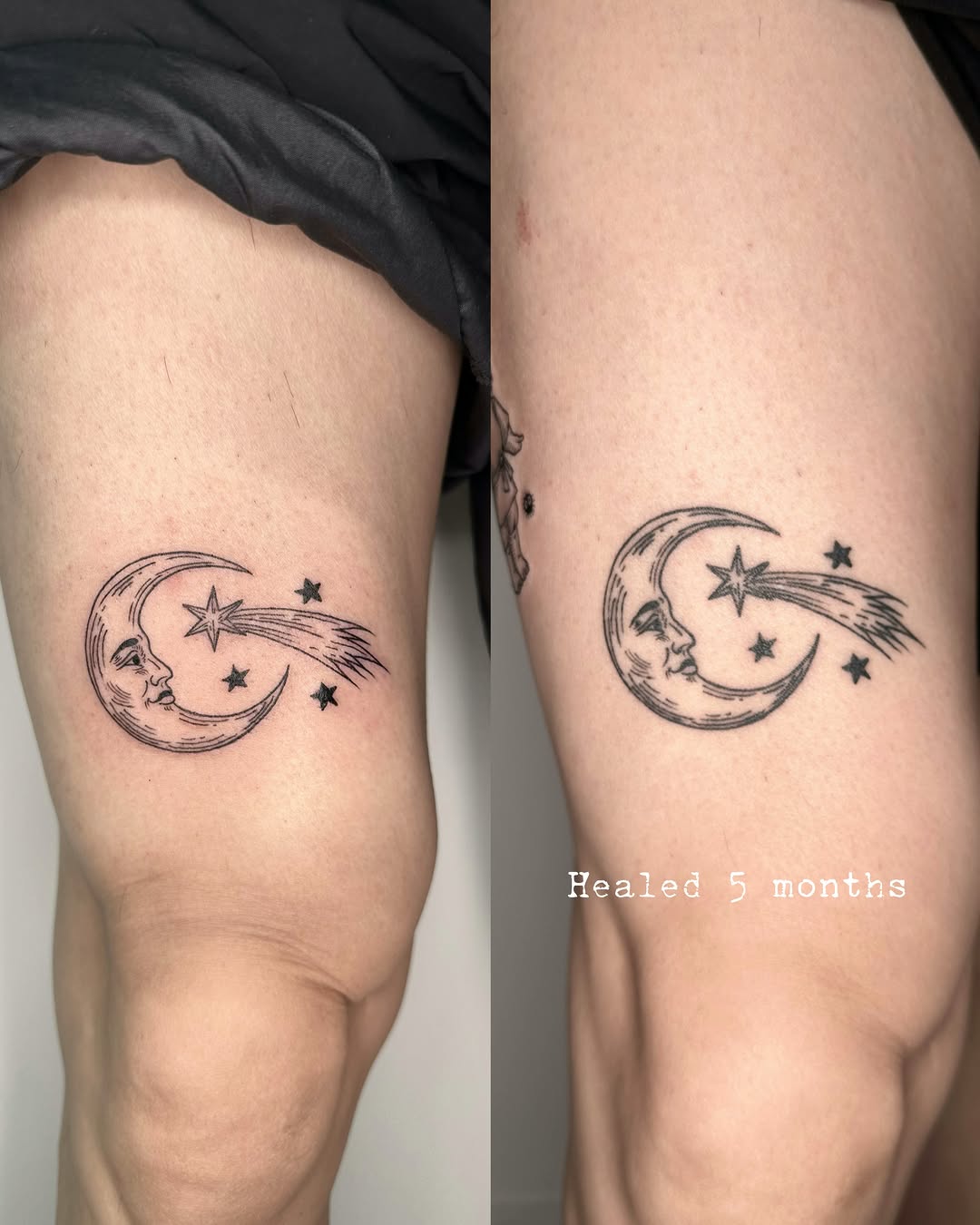Moon and star with face black and grey tattoo on the thigh by Zecember