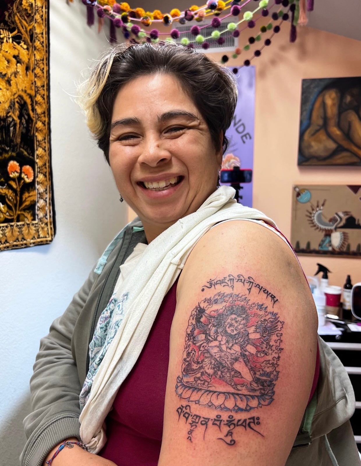 Buddhist deity dotwork tattoo on the shoulder by Lama *Tashi *Norbu, Emmen, Drenthe