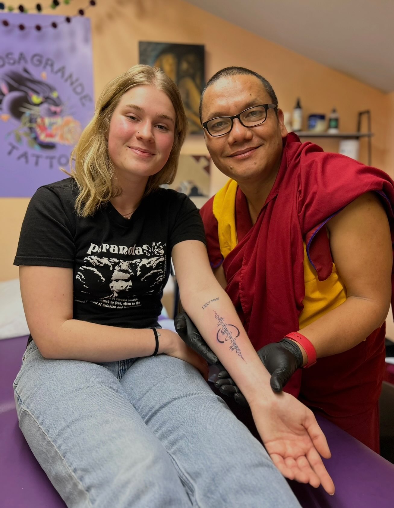 Script lettering lettering script tattoo on the forearm by Lama *Tashi *Norbu, Emmen, Drenthe