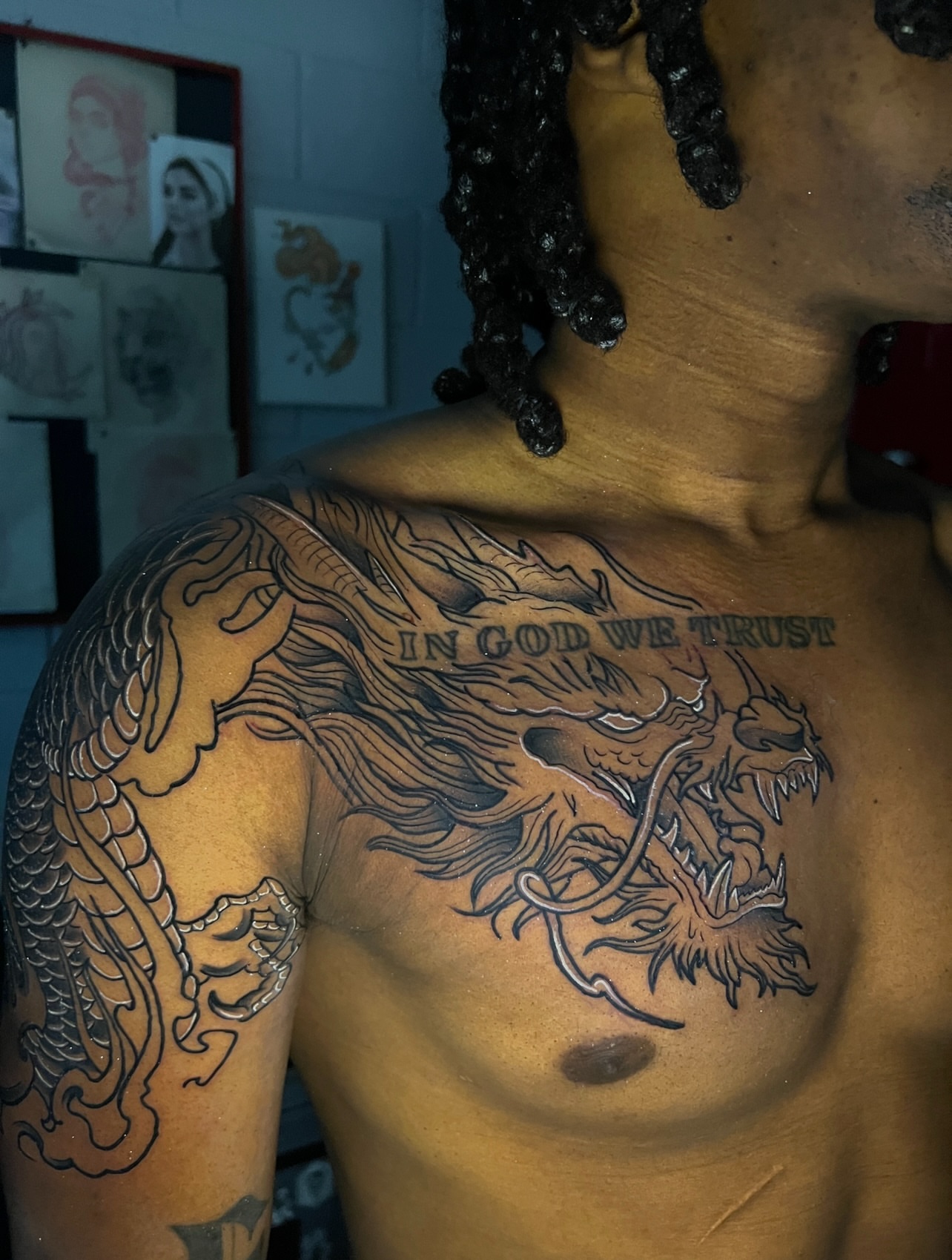 Dragon japanese irezumi tattoo on the chest by El Salvador Tattoo Artist
