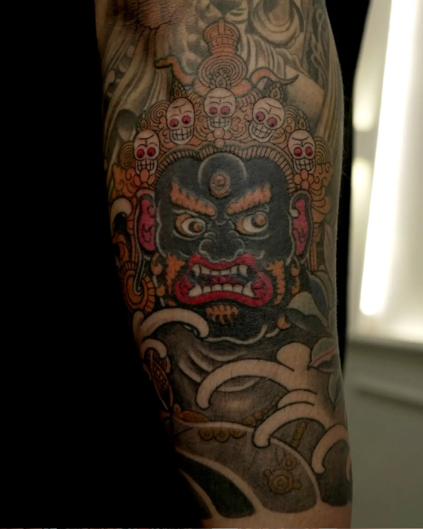 Demon face japanese irezumi tattoo on the forearm by zamix_traditional, San Francisco, California