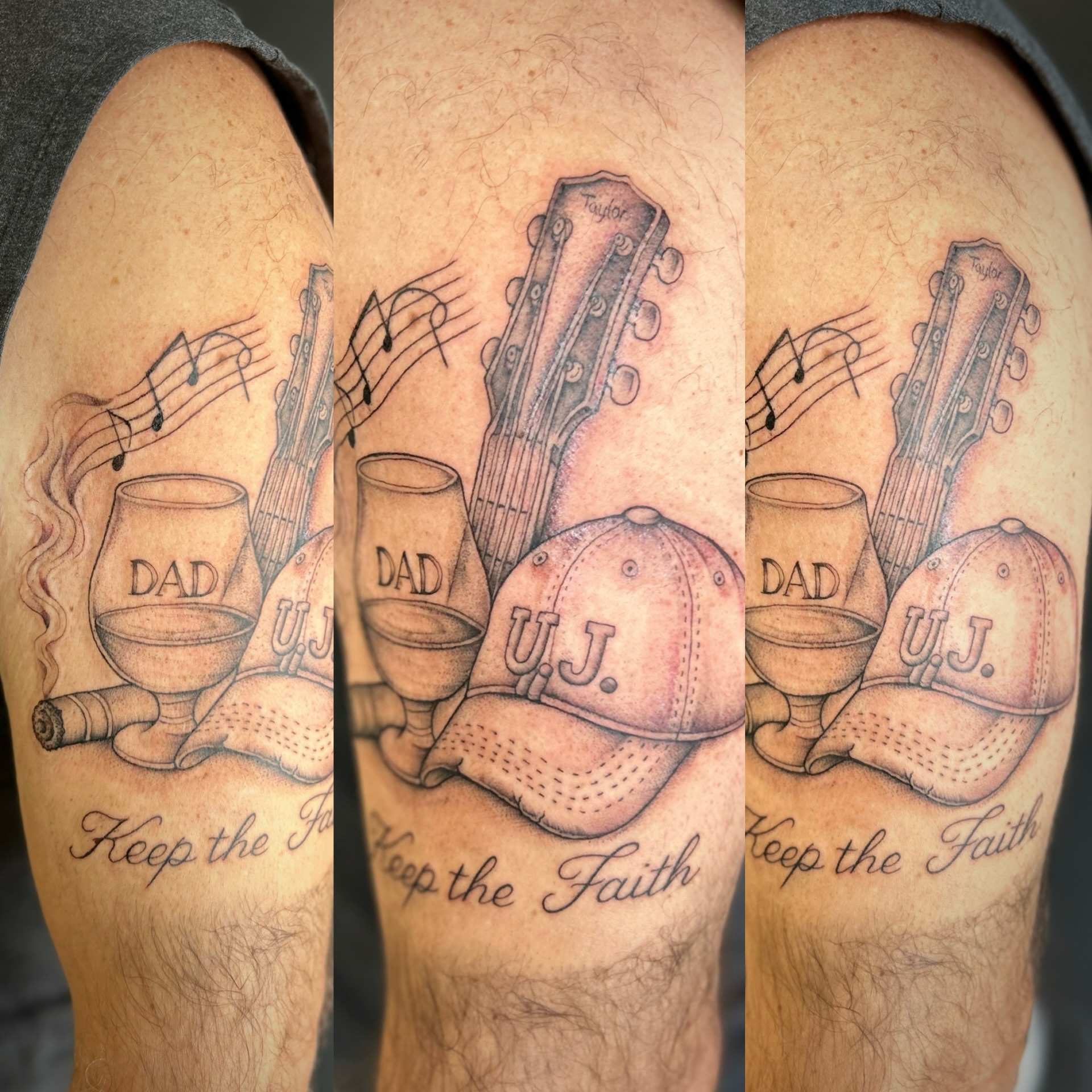 Music-themed memorial black and grey tattoo on the forearm by Browtique & Ink, Clearwater, Florida