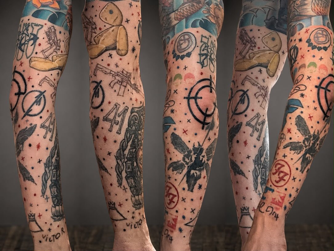 Multiple motifs trash polka tattoo on the forearm by Exis LHinc, Miami, Florida
