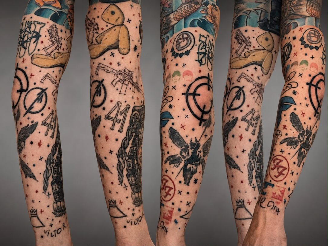Space-themed symbols and figures dotwork tattoo on the forearm by Exis LHinc, Miami, Florida