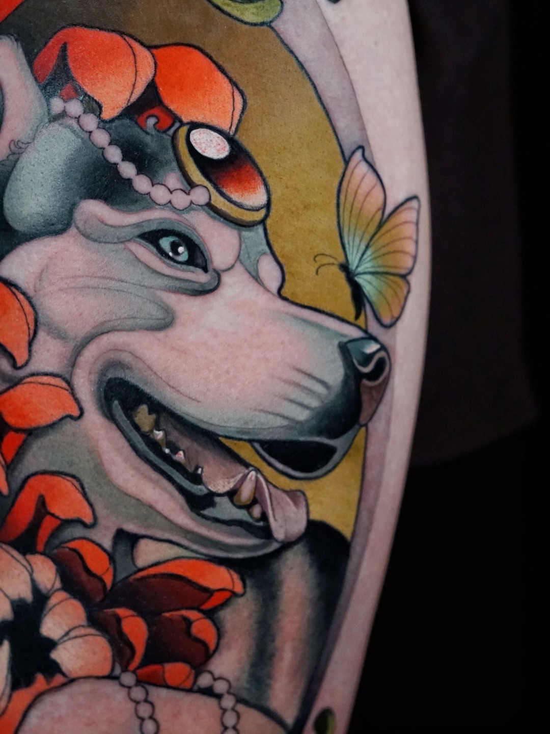 Dog with butterfly American traditional tattoo on the forearm by Skyler Miller