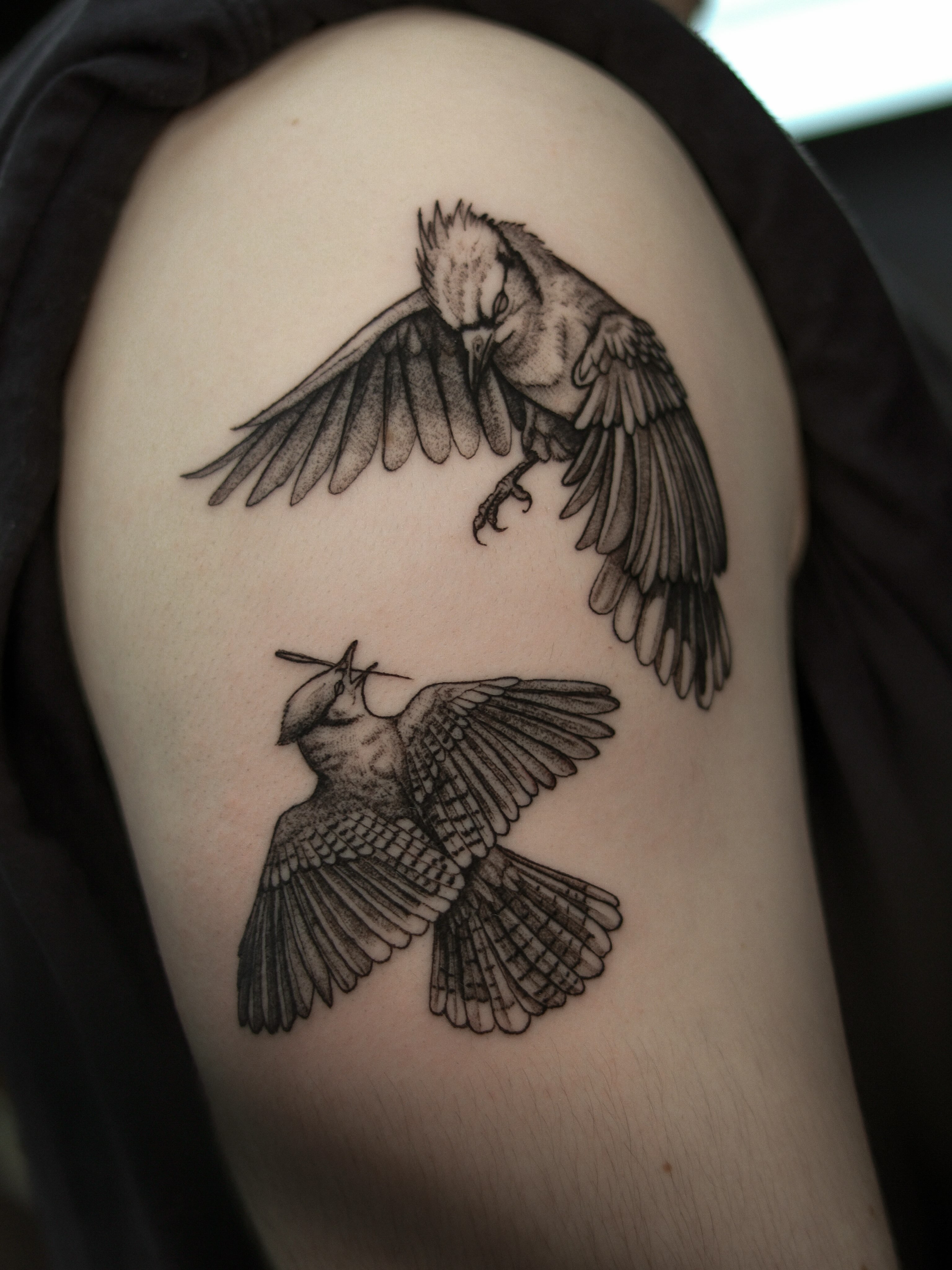 Birds realism tattoo on the shoulder by Arthur Kossoski