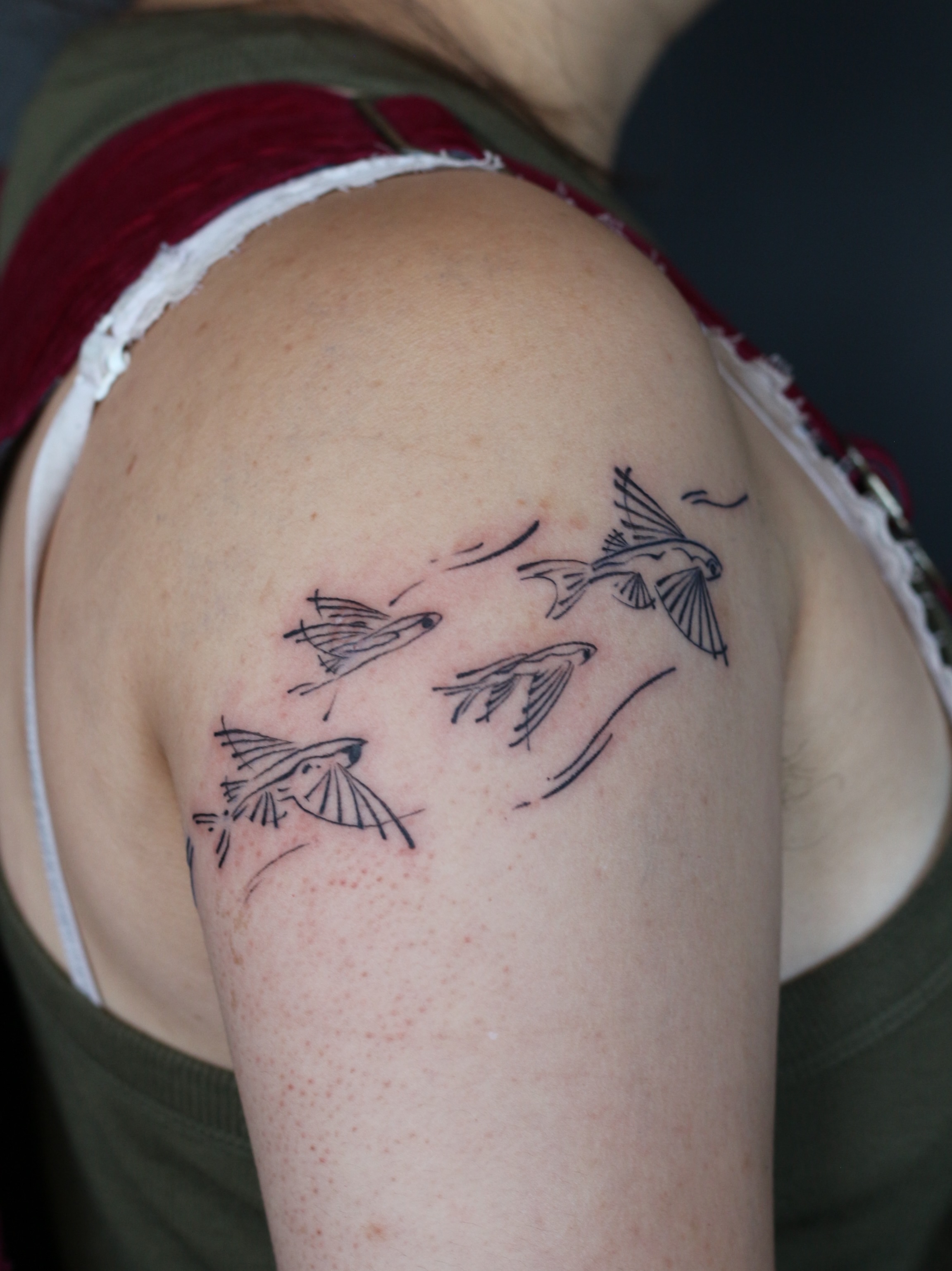 Flying fish minimalist tattoo on the shoulder by Stephany Victorine