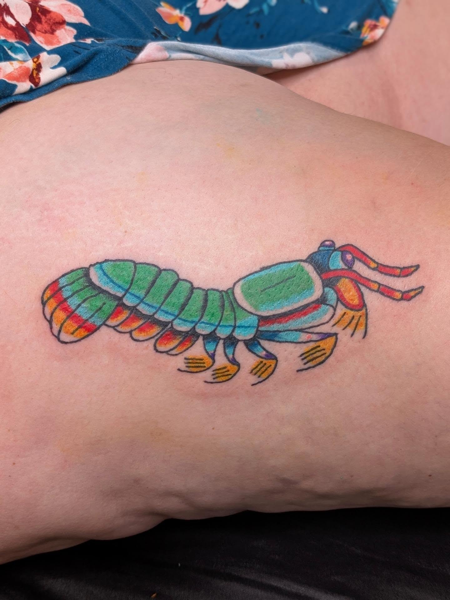 Prawn new school tattoo on the thigh by Jon Sedor