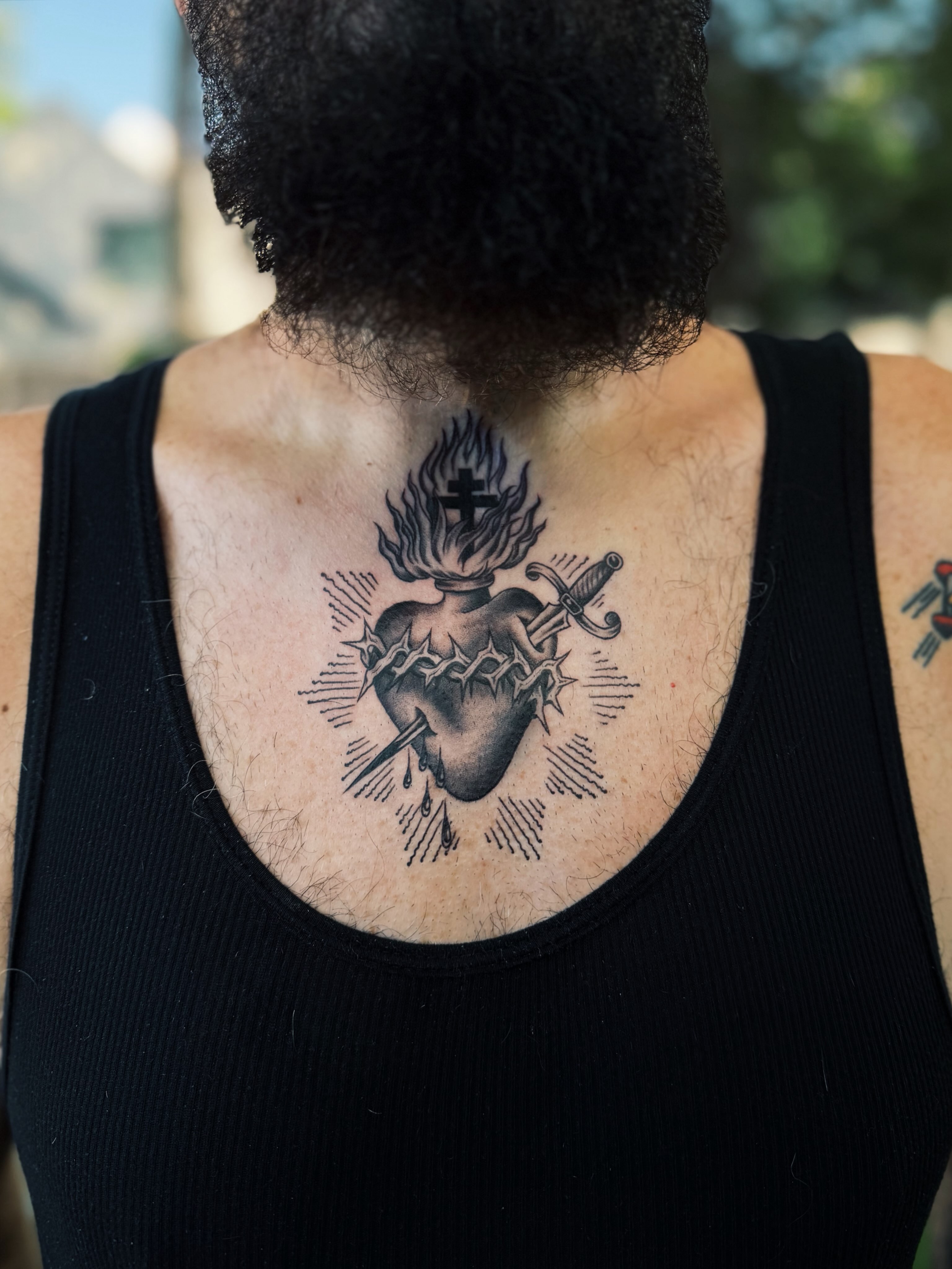 Sacred heart black and grey tattoo on the back by @amandahowtattoo