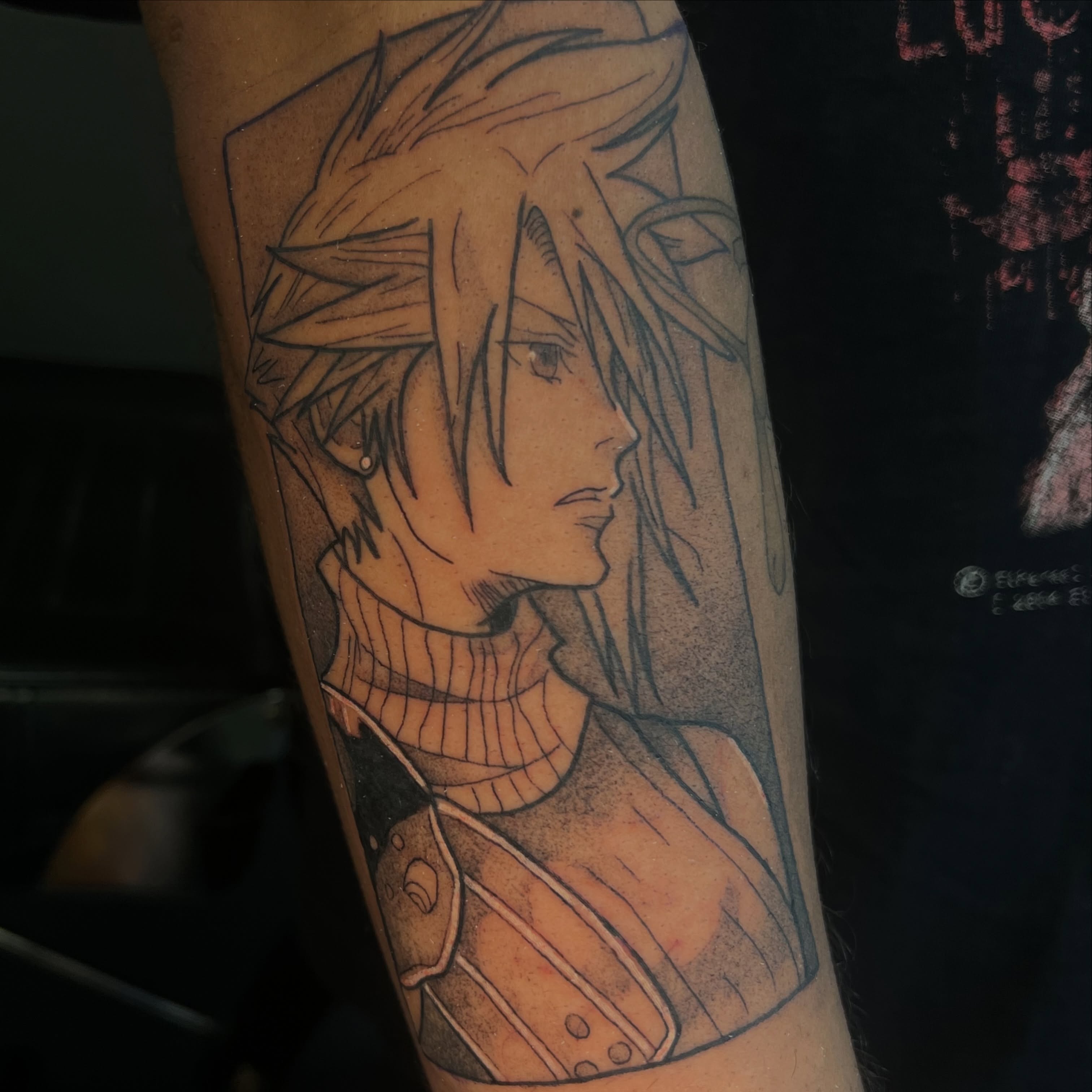Anime character dotwork tattoo on the forearm by Leslie Paskoff