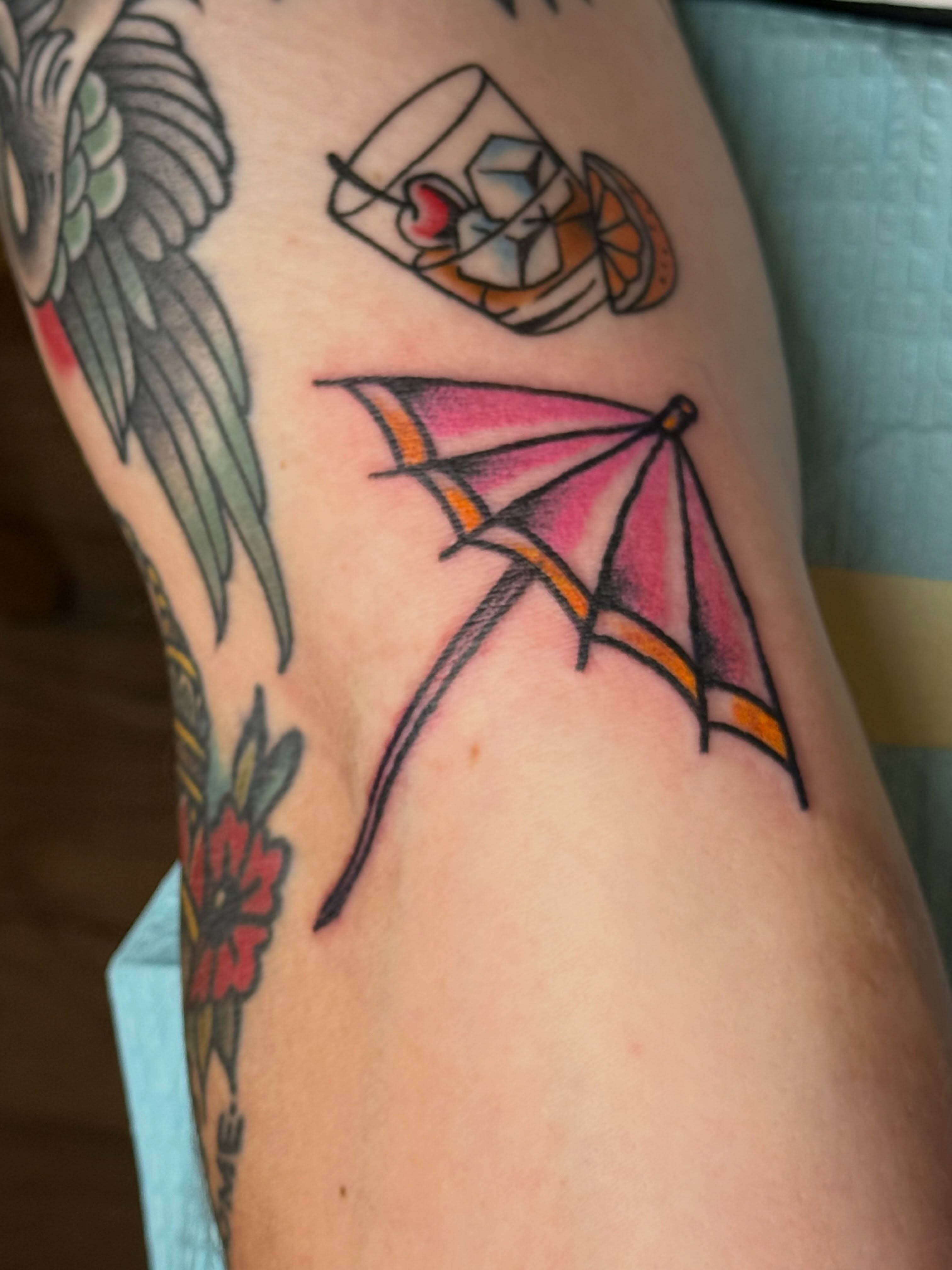 Umbrella American traditional tattoo on the forearm by Eric Guntor, Philadelphia, Pennsylvania