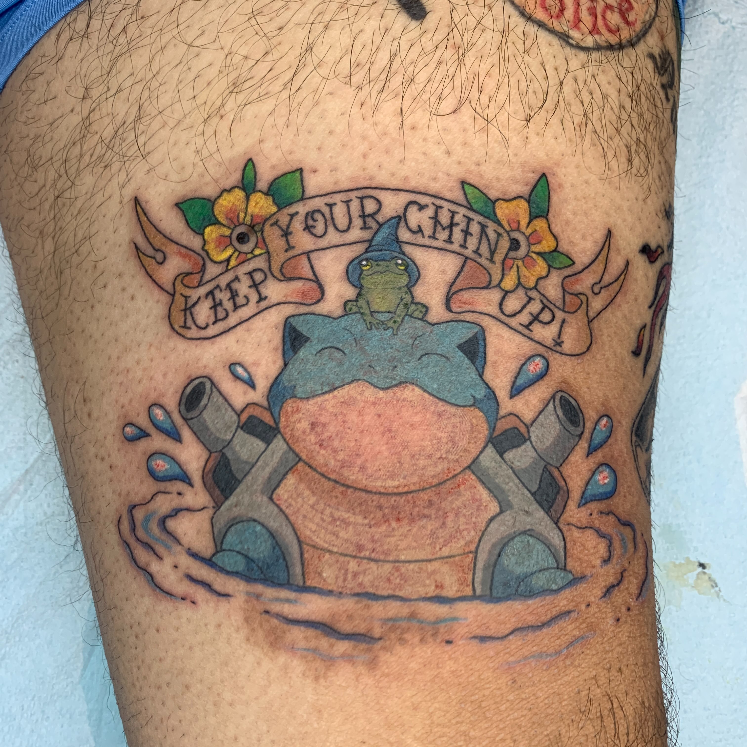 Frog-like creature new school tattoo on the thigh by Kitty Jones, Berkeley, California