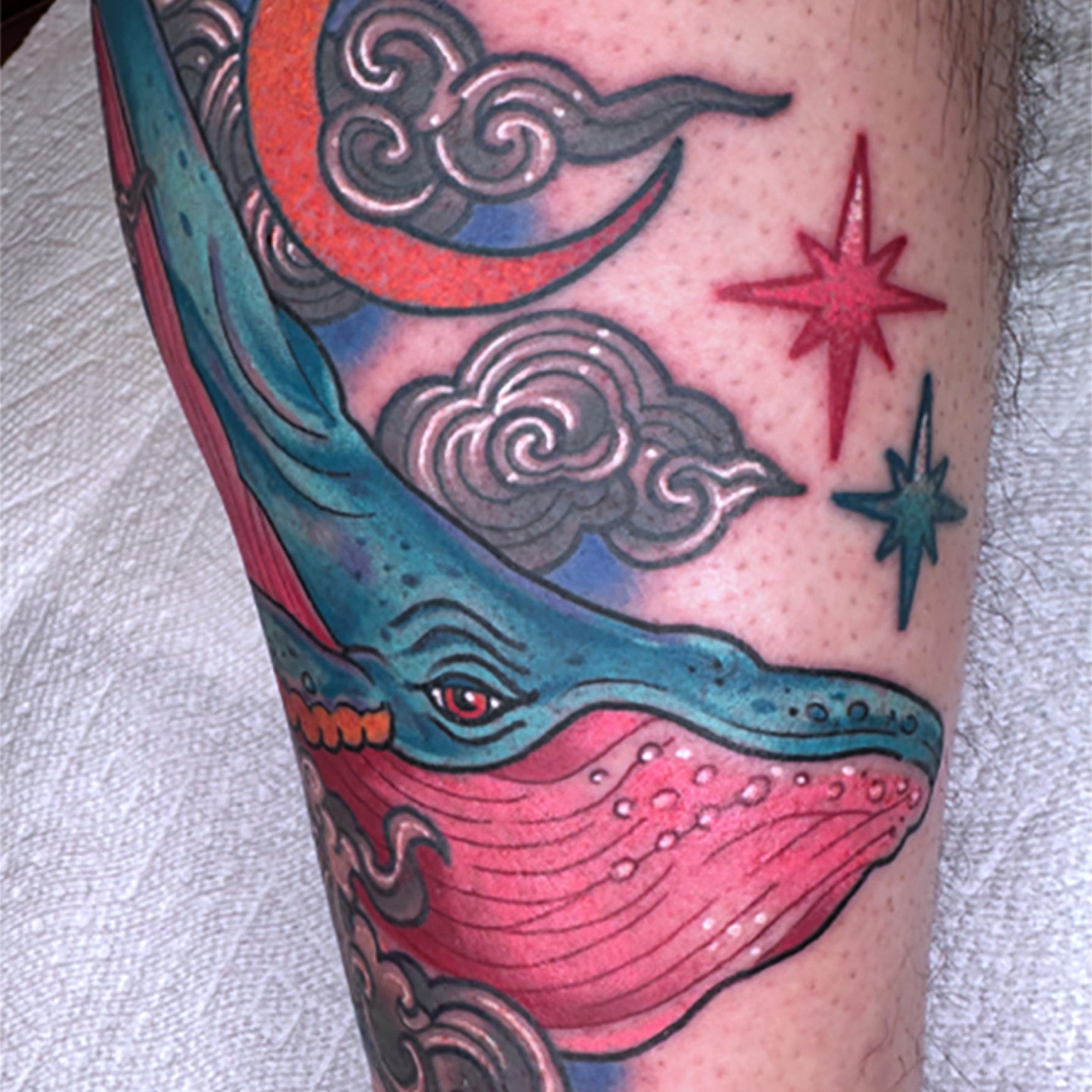 Whale and celestial elements new school tattoo on the forearm by 𝖆𝖑𝖎𝖈𝖎𝖆 𝖙𝖍𝖔𝖒𝖆𝖘