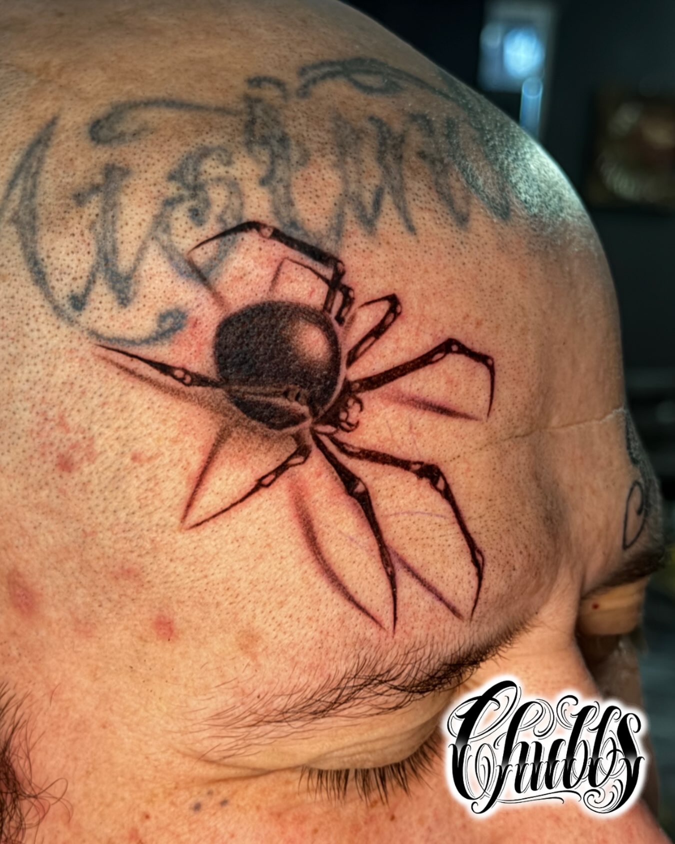 Spider realism tattoo on the head by Chubbs