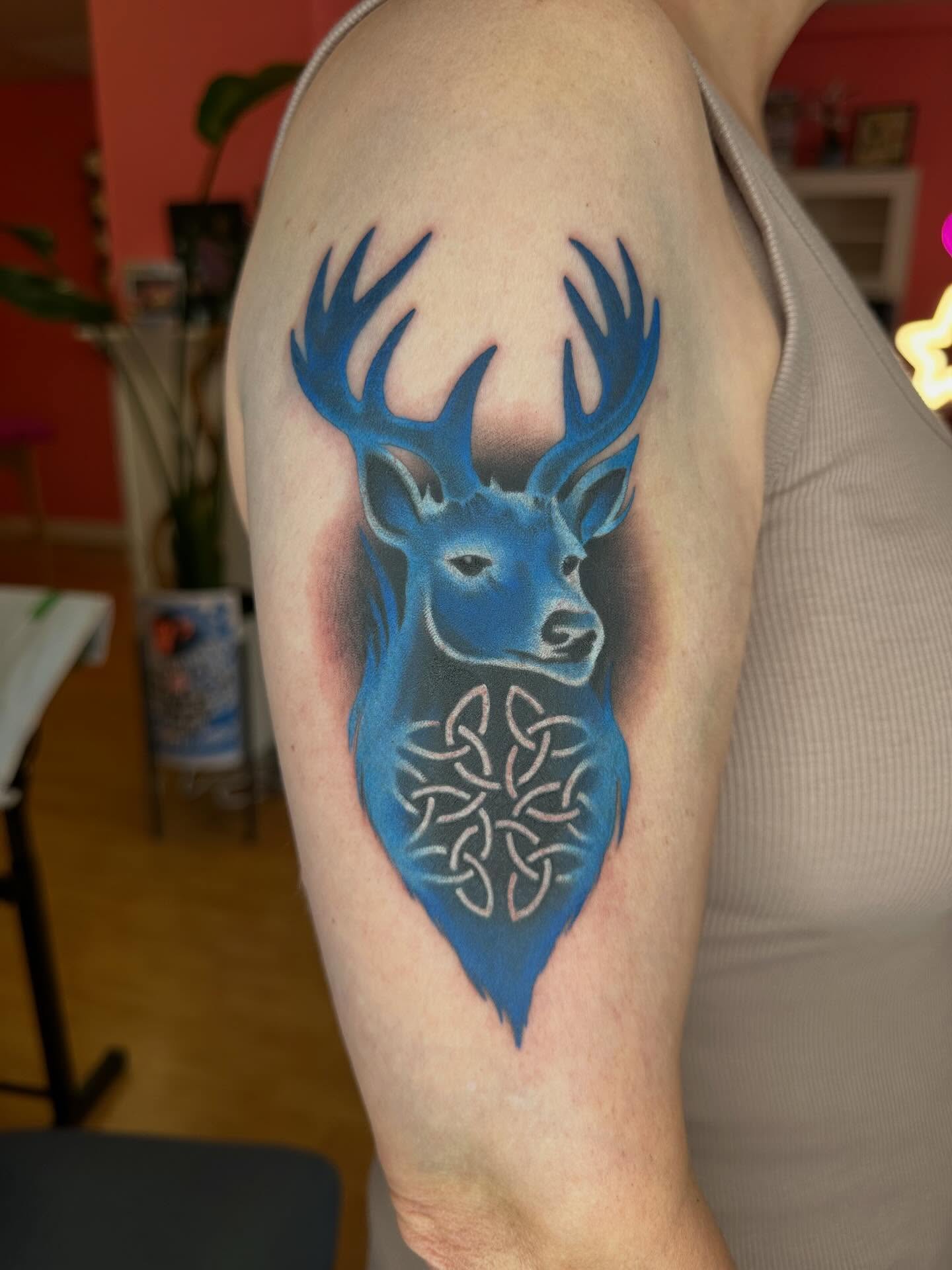 Stag head geometric tattoo on the forearm by ✨ Mandy Foster - Bremerton Tattoo Artist✨, Bremerton, Washington