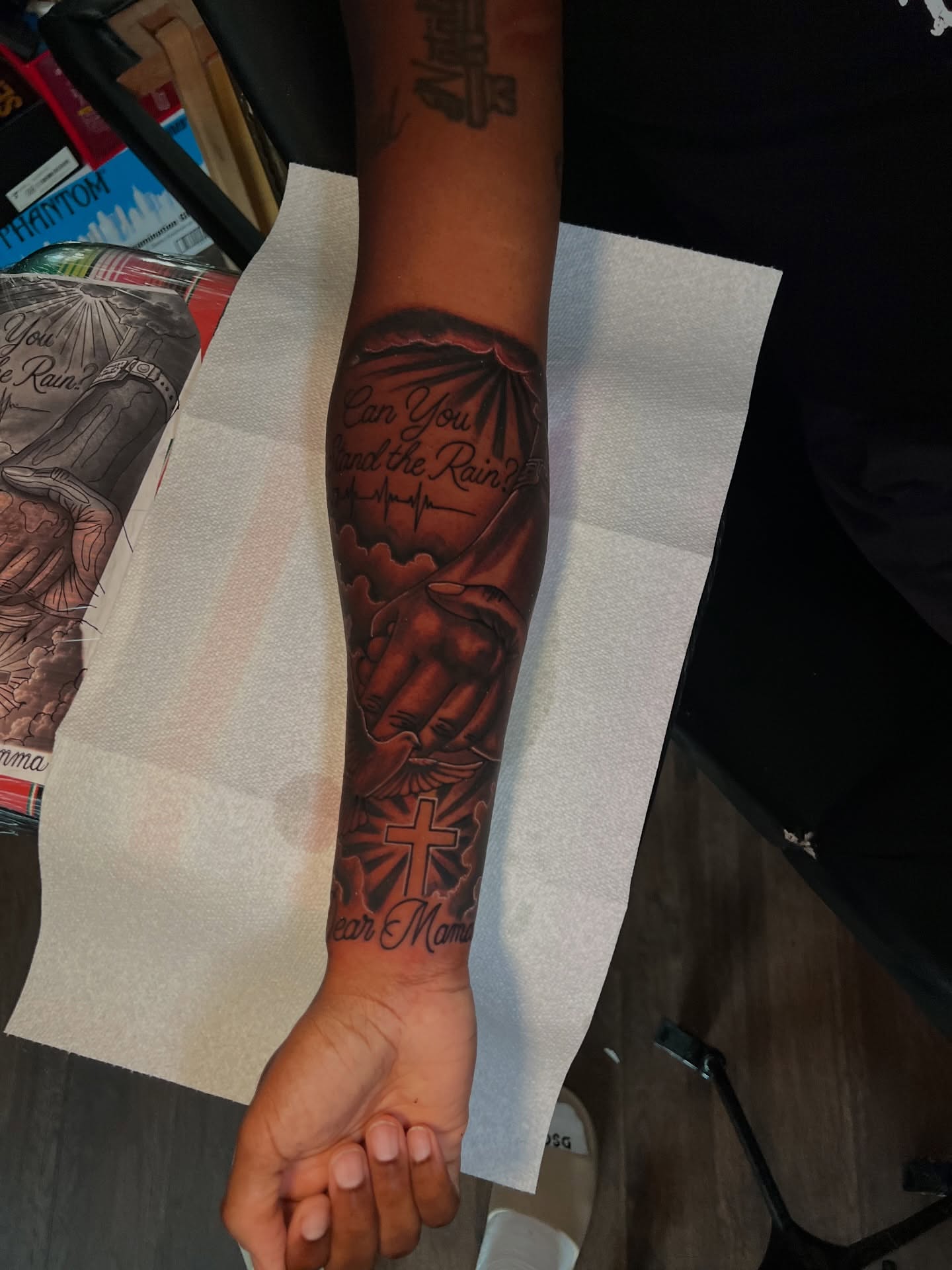 Religious imagery realism tattoo on the forearm by Dee