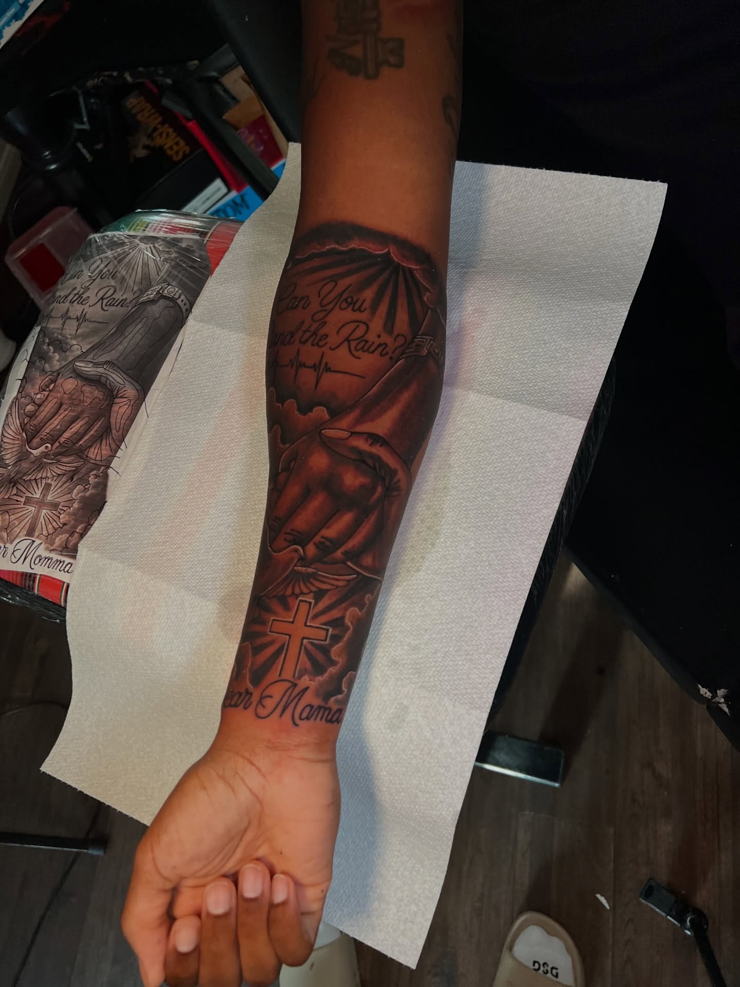 Religious imagery American traditional tattoo on the forearm by Dee