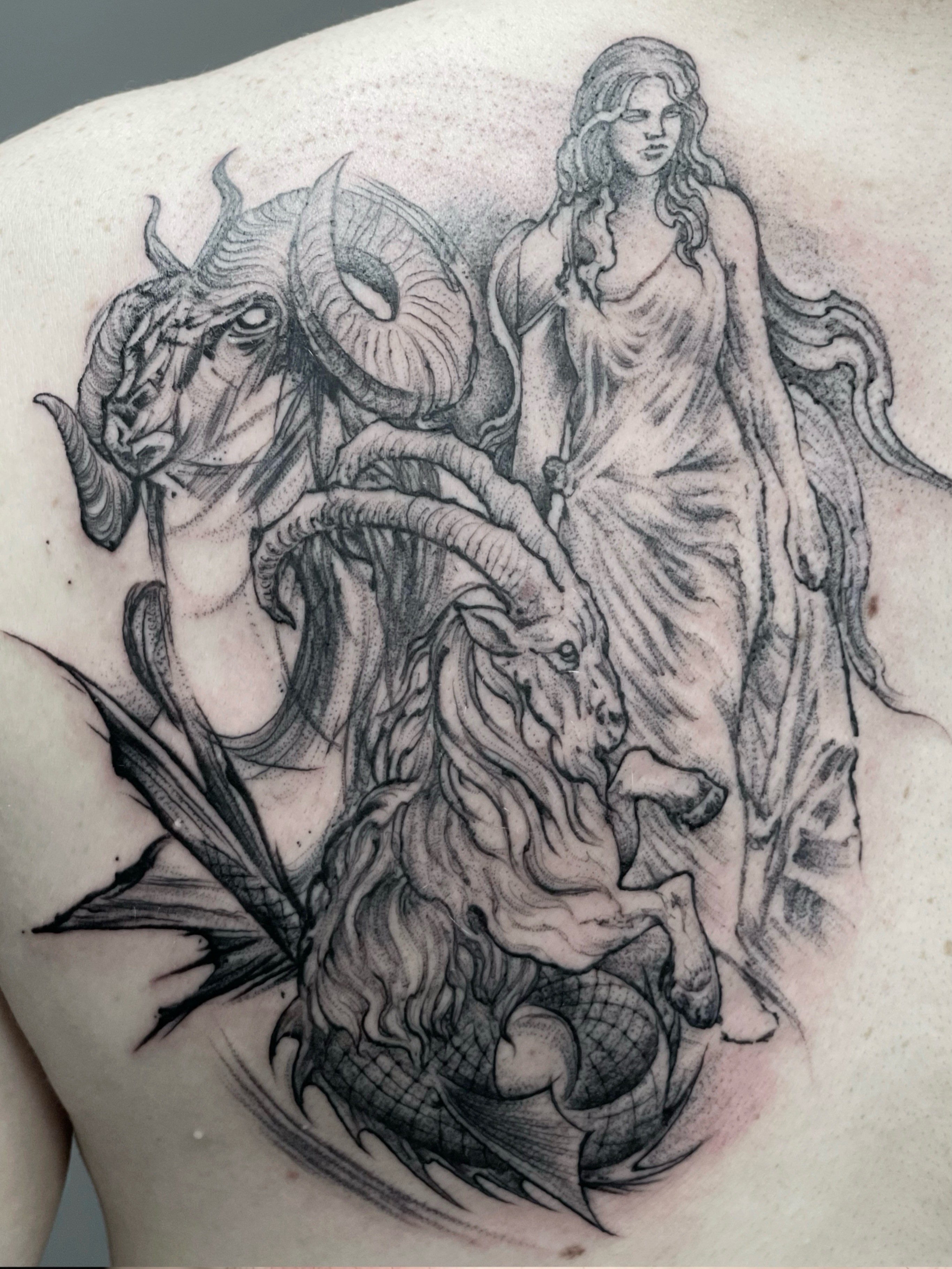 Mythical creatures and woman realism tattoo on the shoulder by @luckybunnytat2