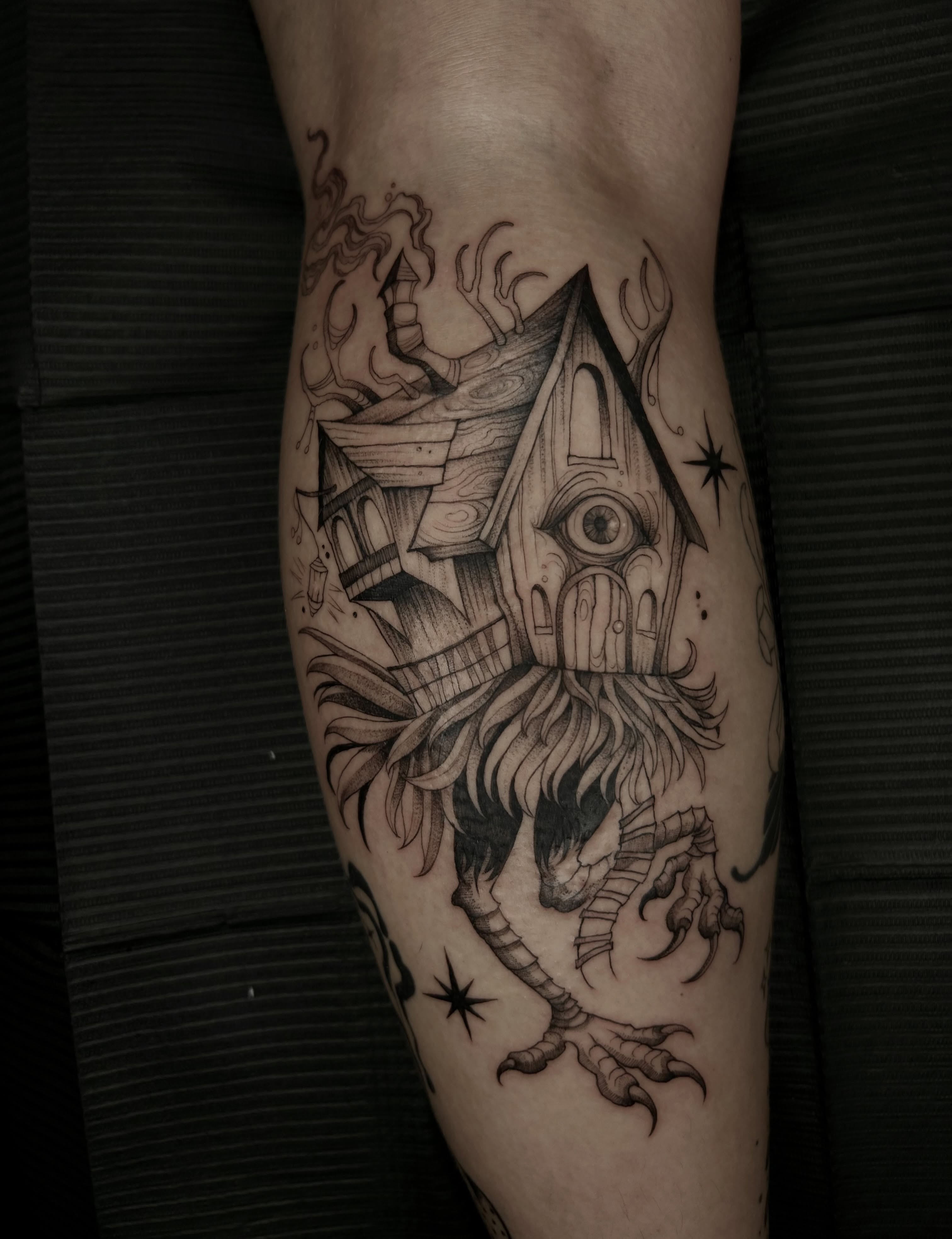 Tattoo by @thecursedmagus — black_and_grey, dark_realism