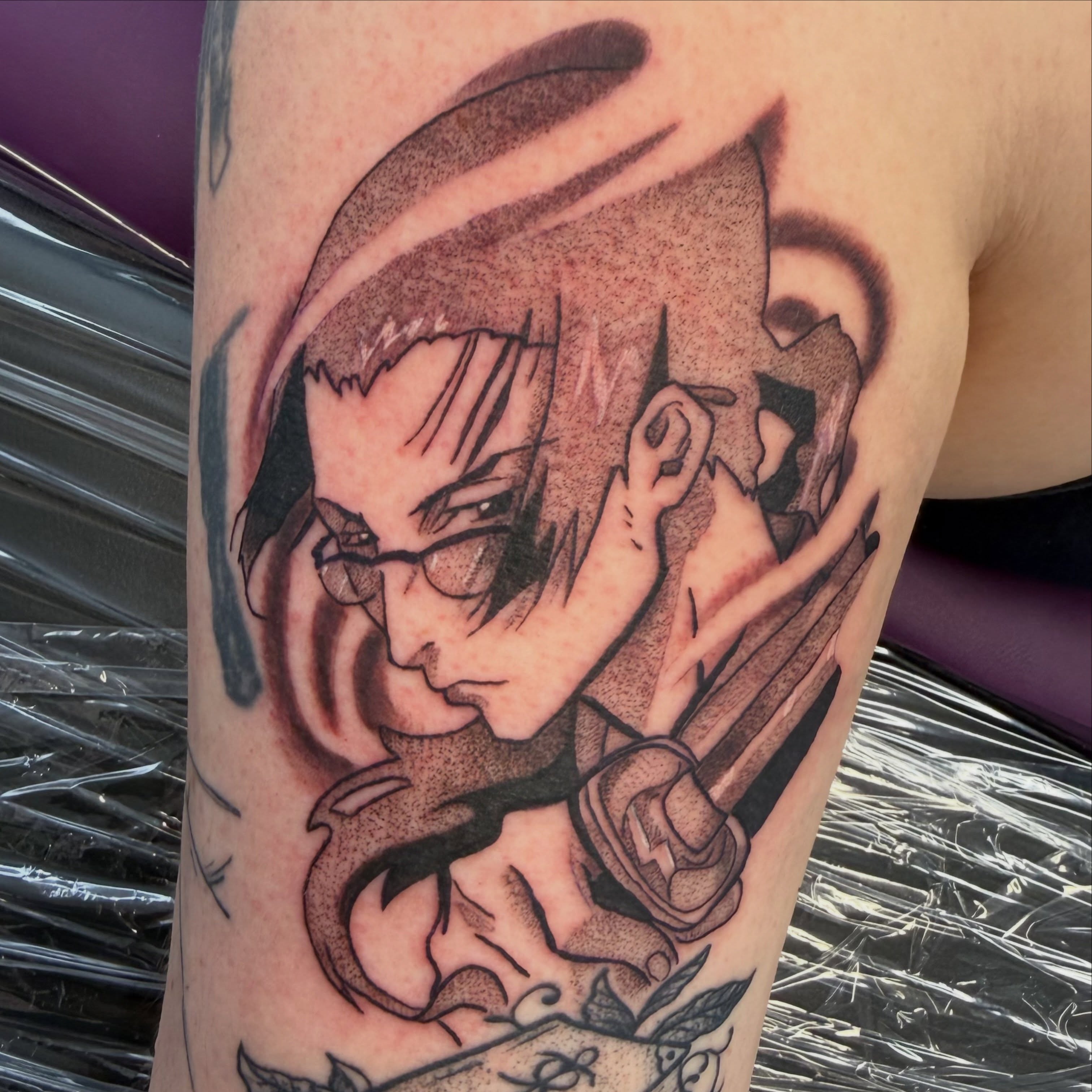 Tattoo by @antispawntattoos — anime, dotwork
