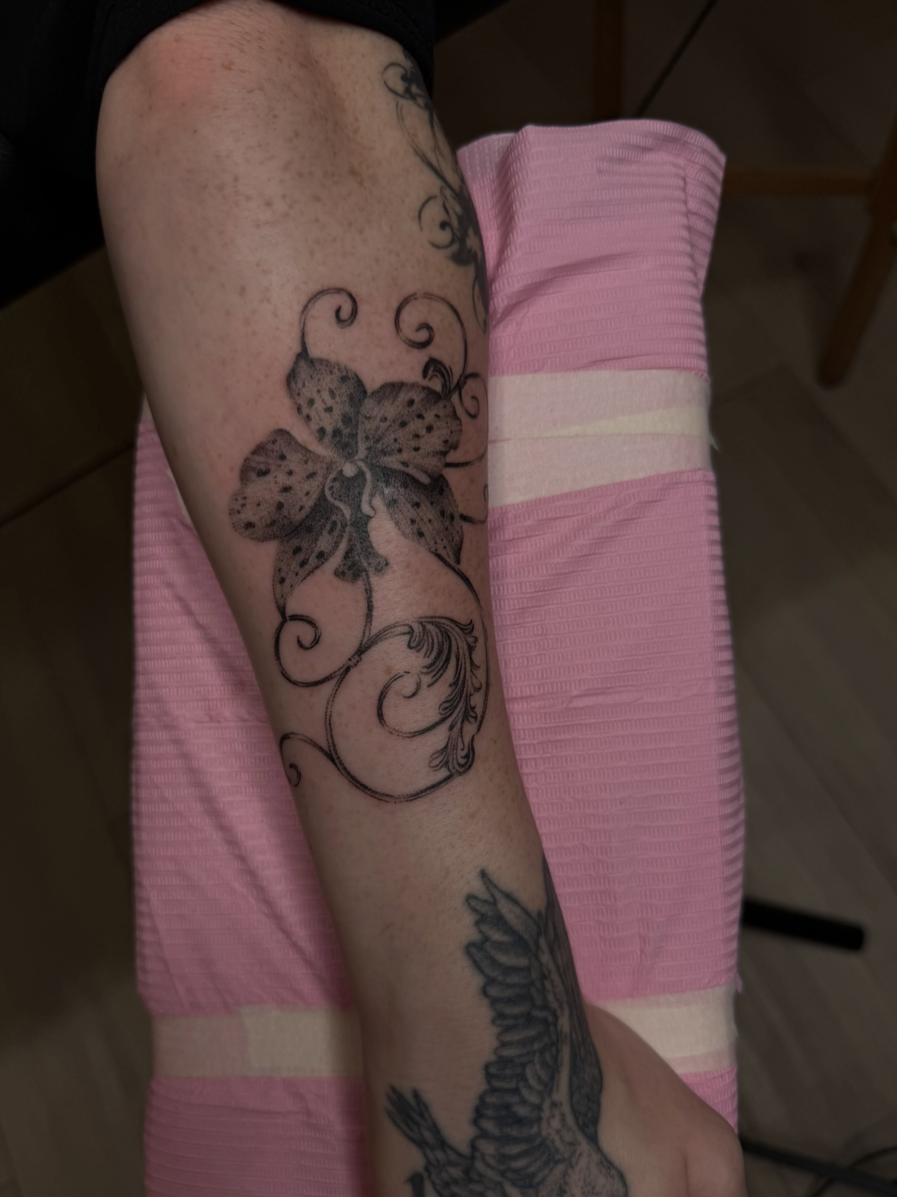 Lily black and grey tattoo on the forearm by 🗡Addie Kat🗡