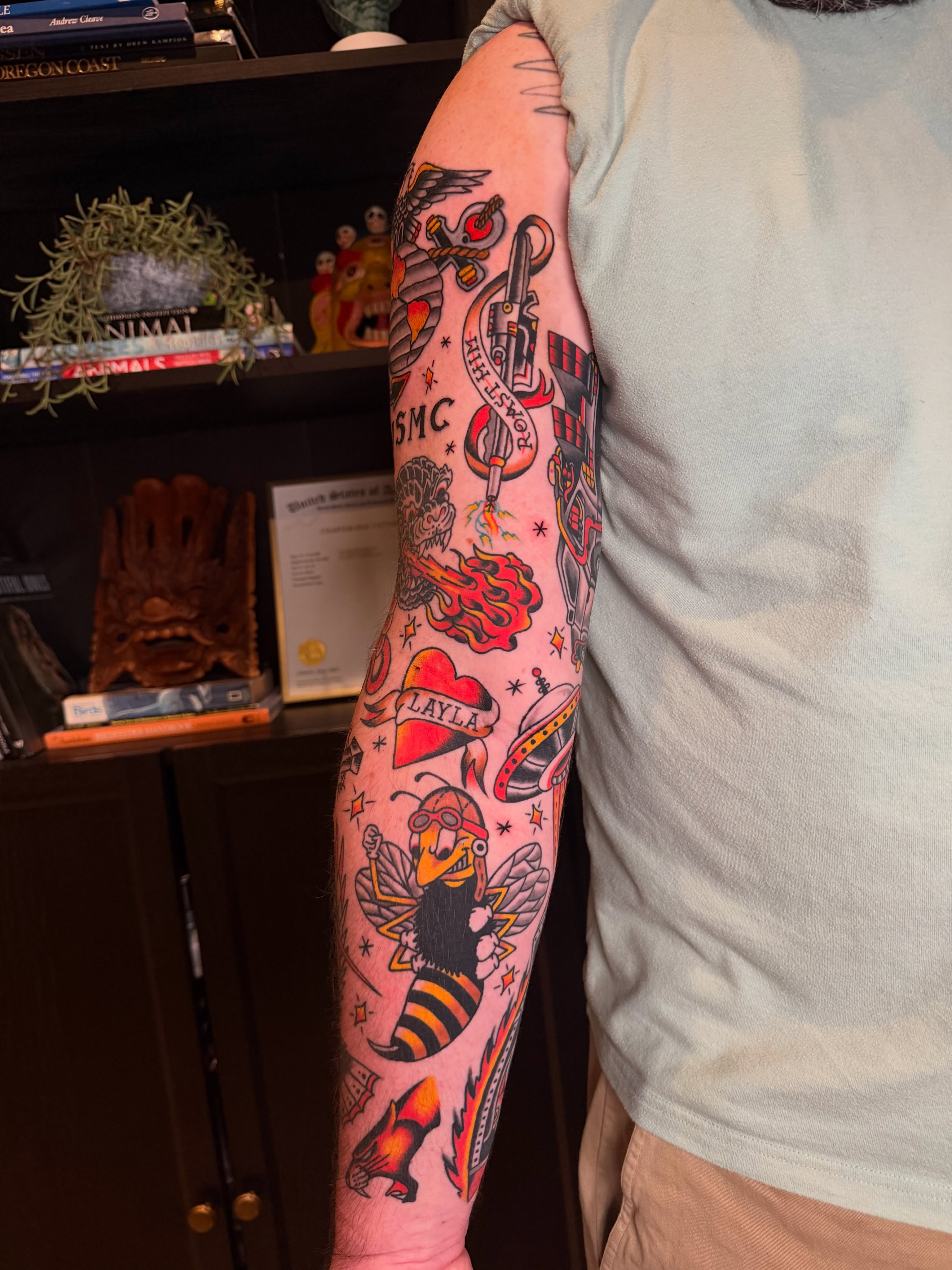 Bees and mechanical elements American traditional tattoo on the forearm by Tyler Brown, San Diego, California