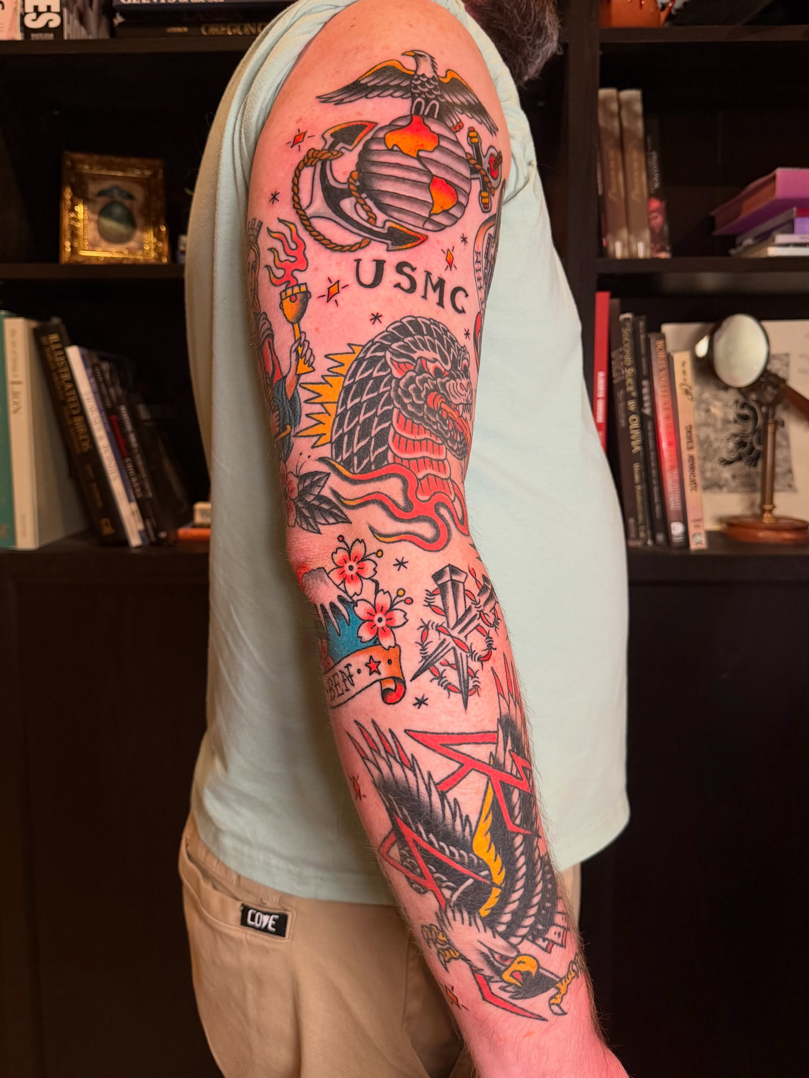 USMC eagle and anchor American traditional tattoo on the forearm by Tyler Brown, San Diego, California