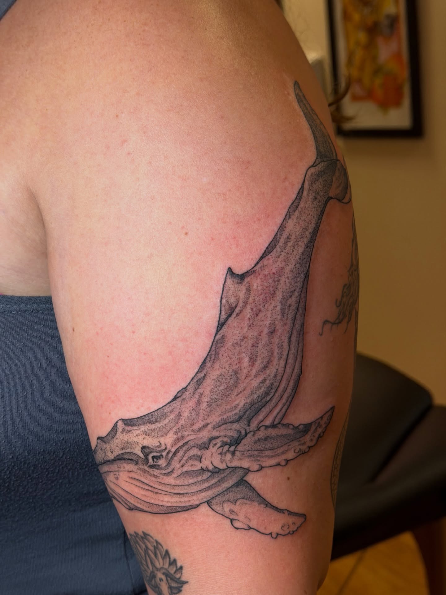 Whale black and grey tattoo on the shoulder by Gianna Calisi