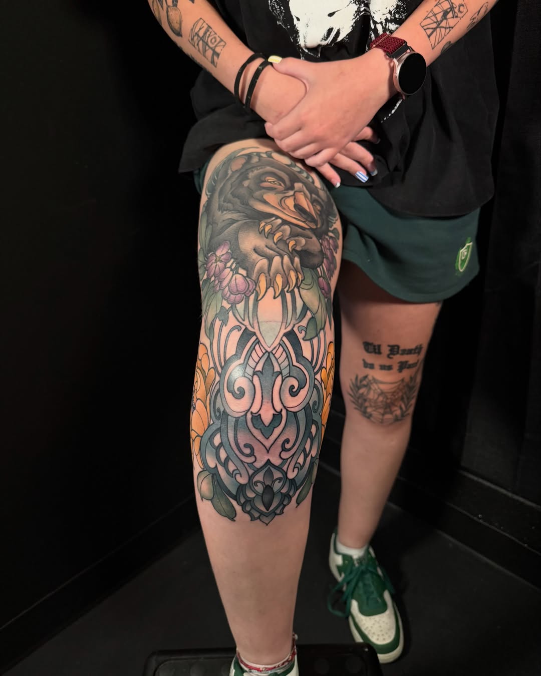 Lion American traditional tattoo on the thigh by Jade Lewis