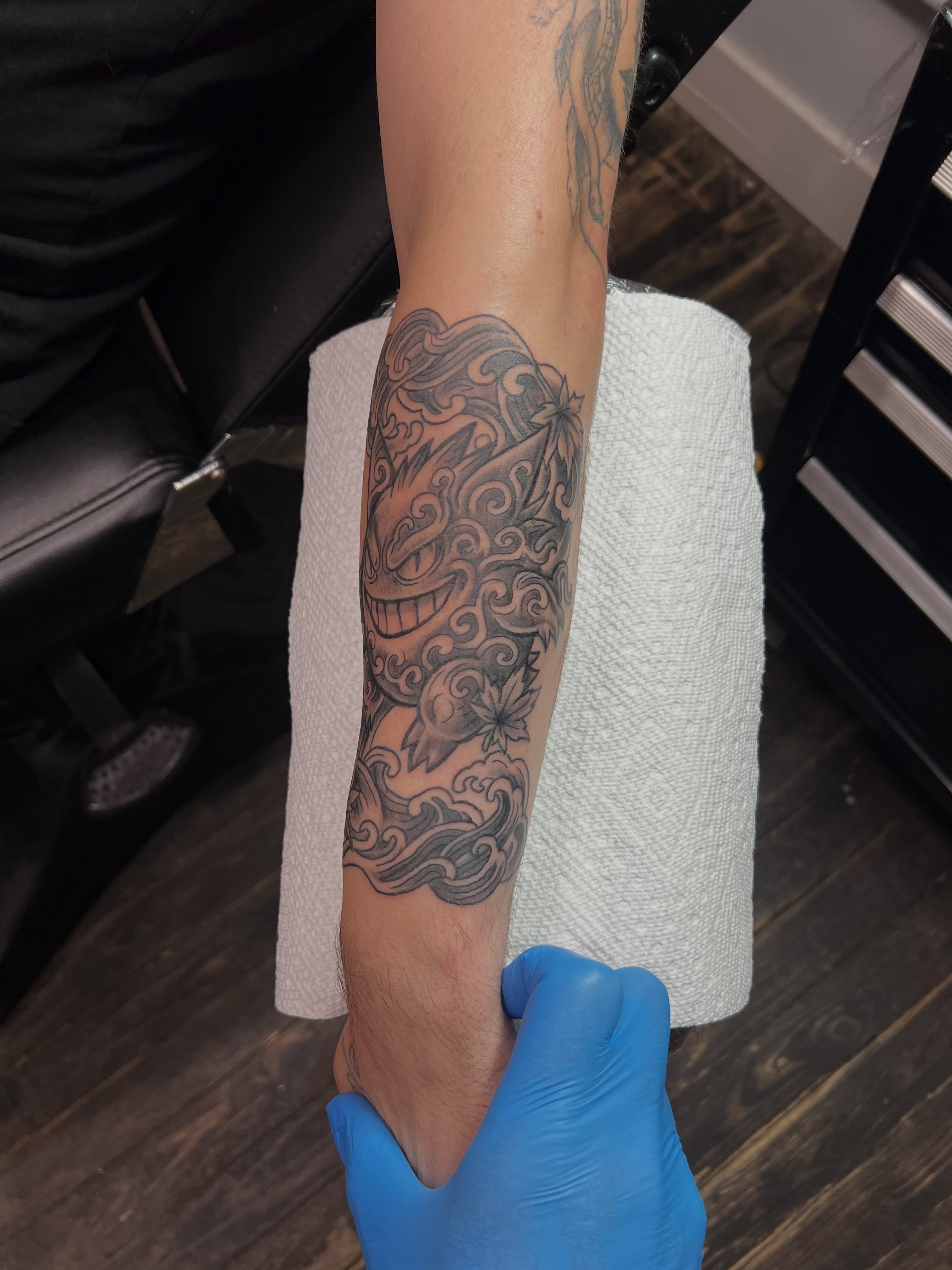 Japanese mask japanese irezumi tattoo on the forearm by A.W.