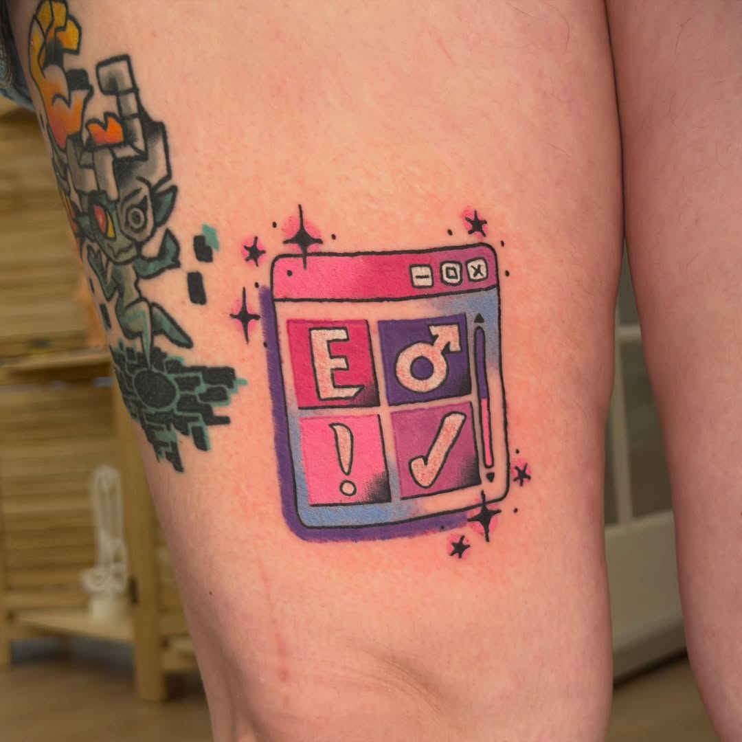 Web browser interface new school tattoo on the thigh by Gus Roach Graves