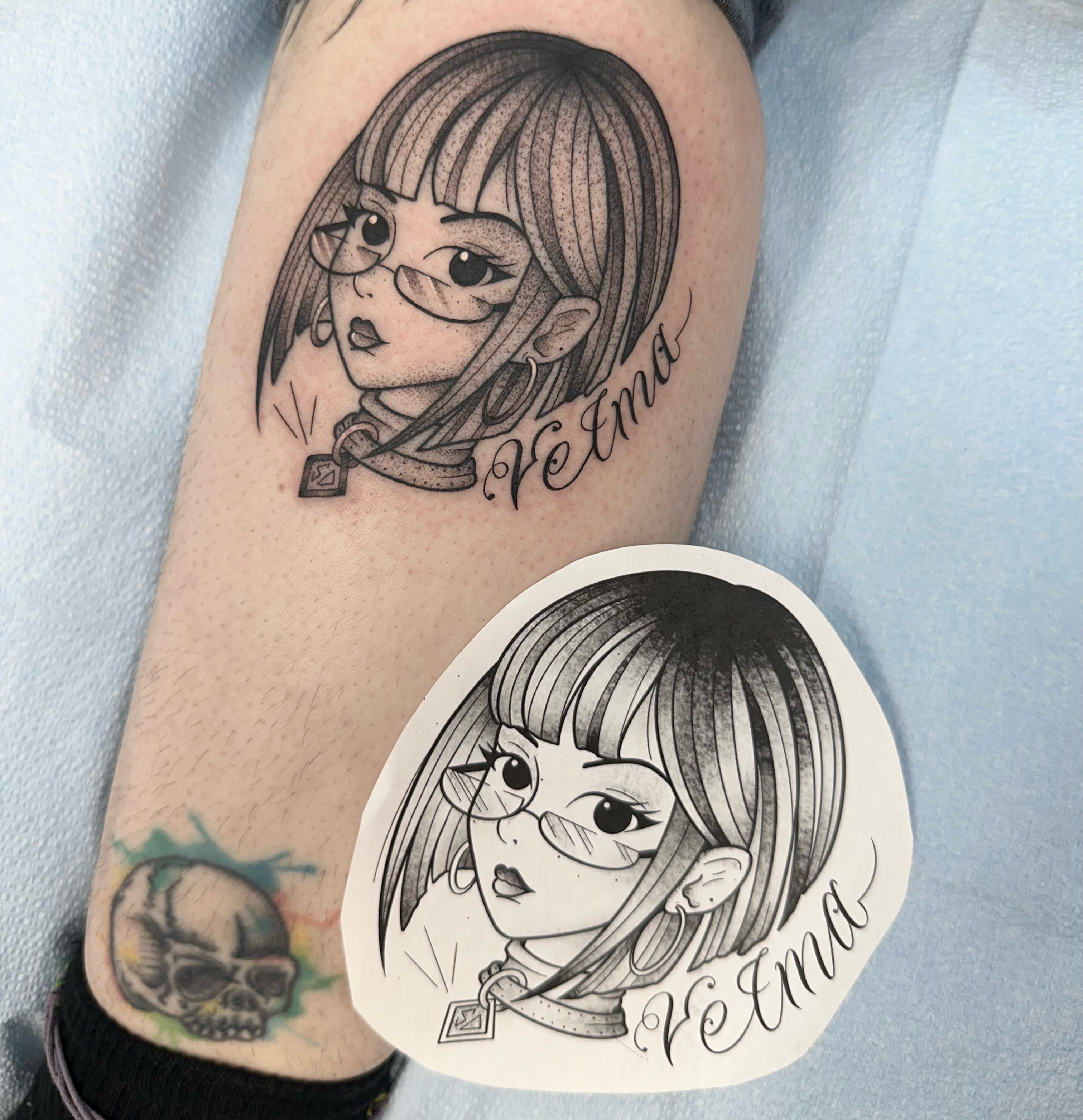 Anime character dotwork tattoo on the forearm by Brooklyn Bailey