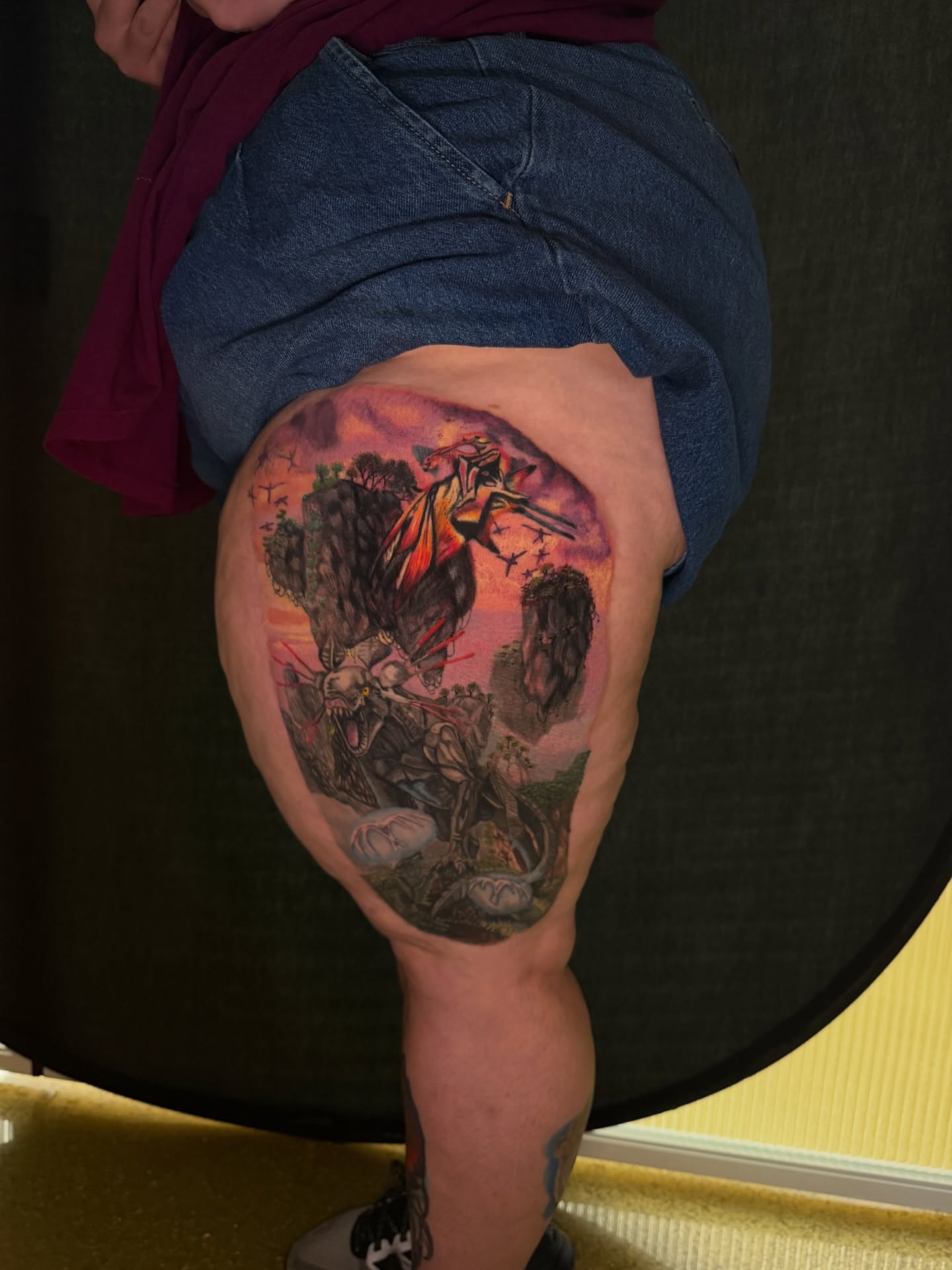Fantasy battle scene illustrative tattoo on the thigh by Abbie Kaitlynn Taylor, Dayton, Ohio