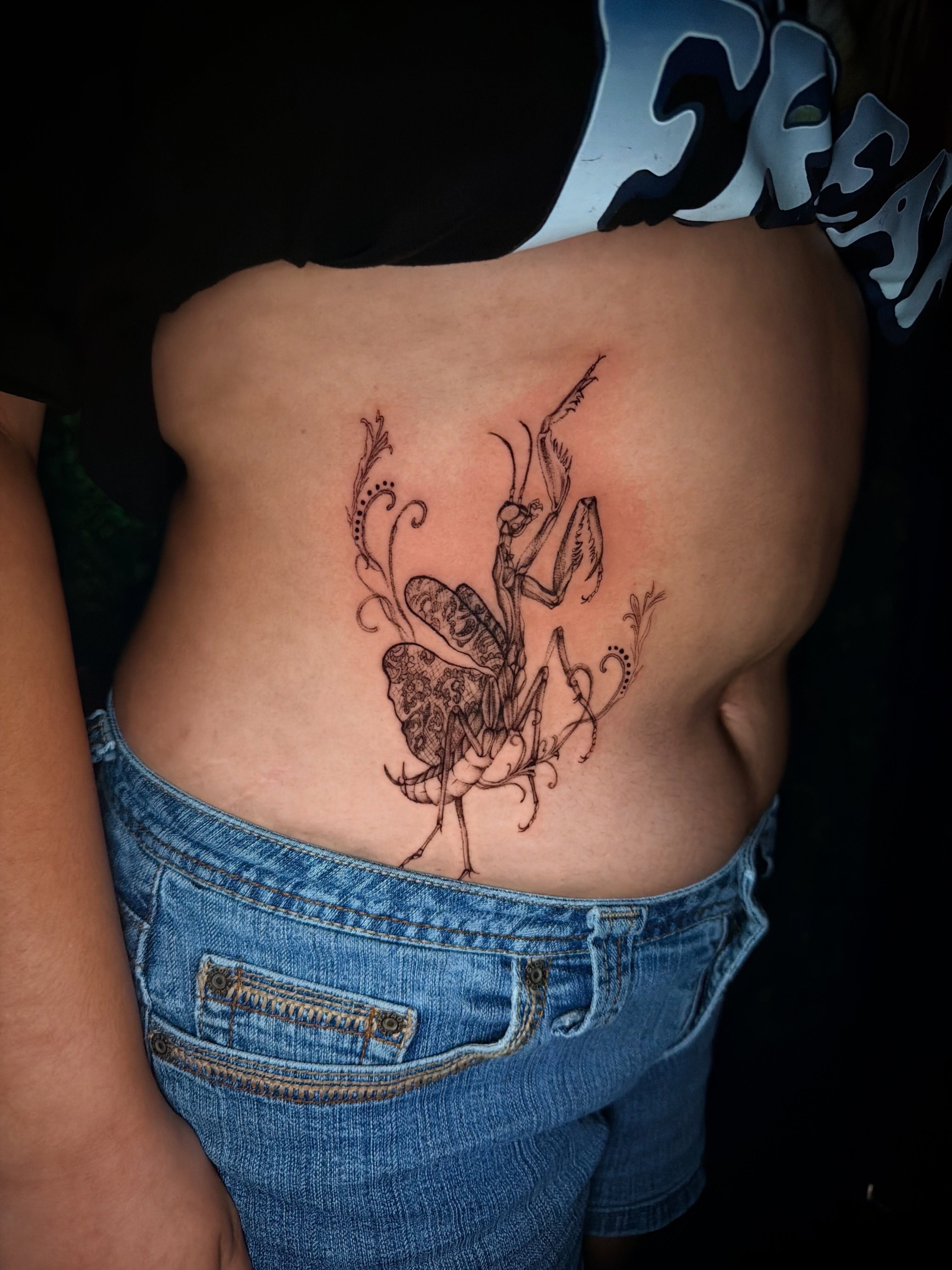 Praying mantis black and grey tattoo on the back by bella :)