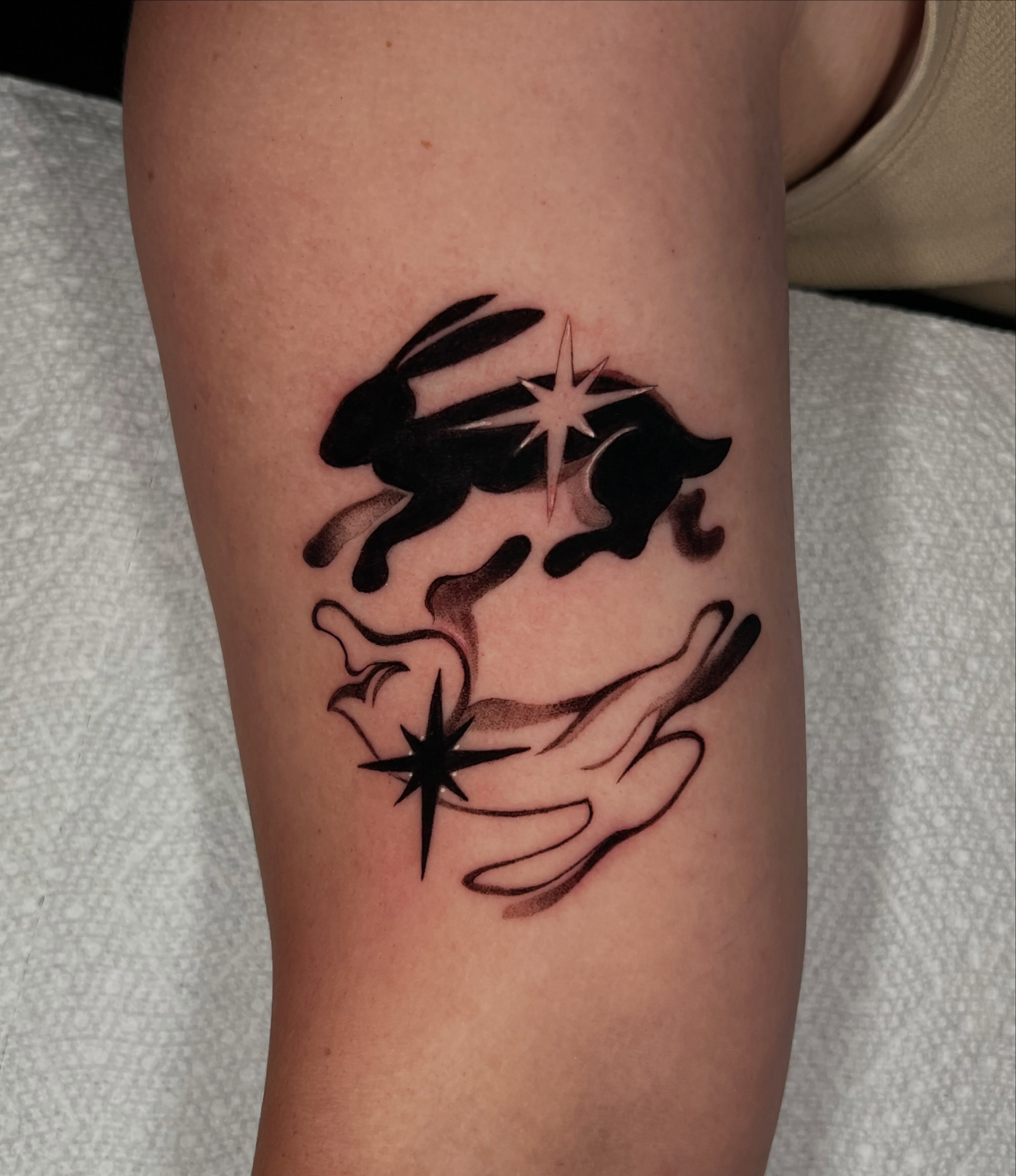 Hopping rabbits black and grey tattoo on the forearm by ✧ :: paloma :: ✧