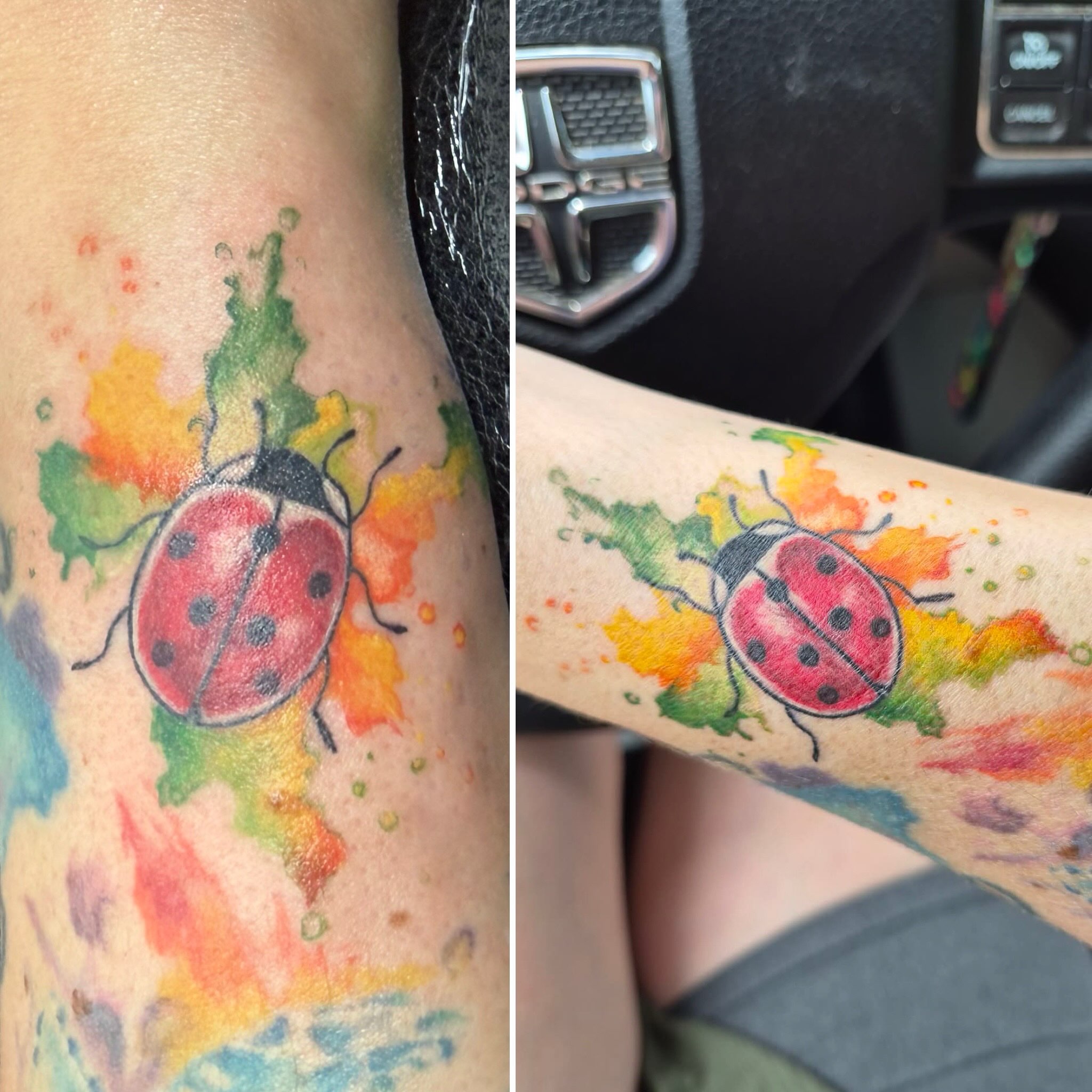Ladybug watercolor tattoo on the forearm by Daniel Smith