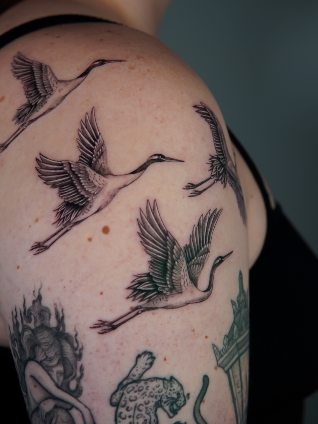 Flying birds black and grey tattoo on the shoulder by Miami Tattoo Artist, Miami, Florida