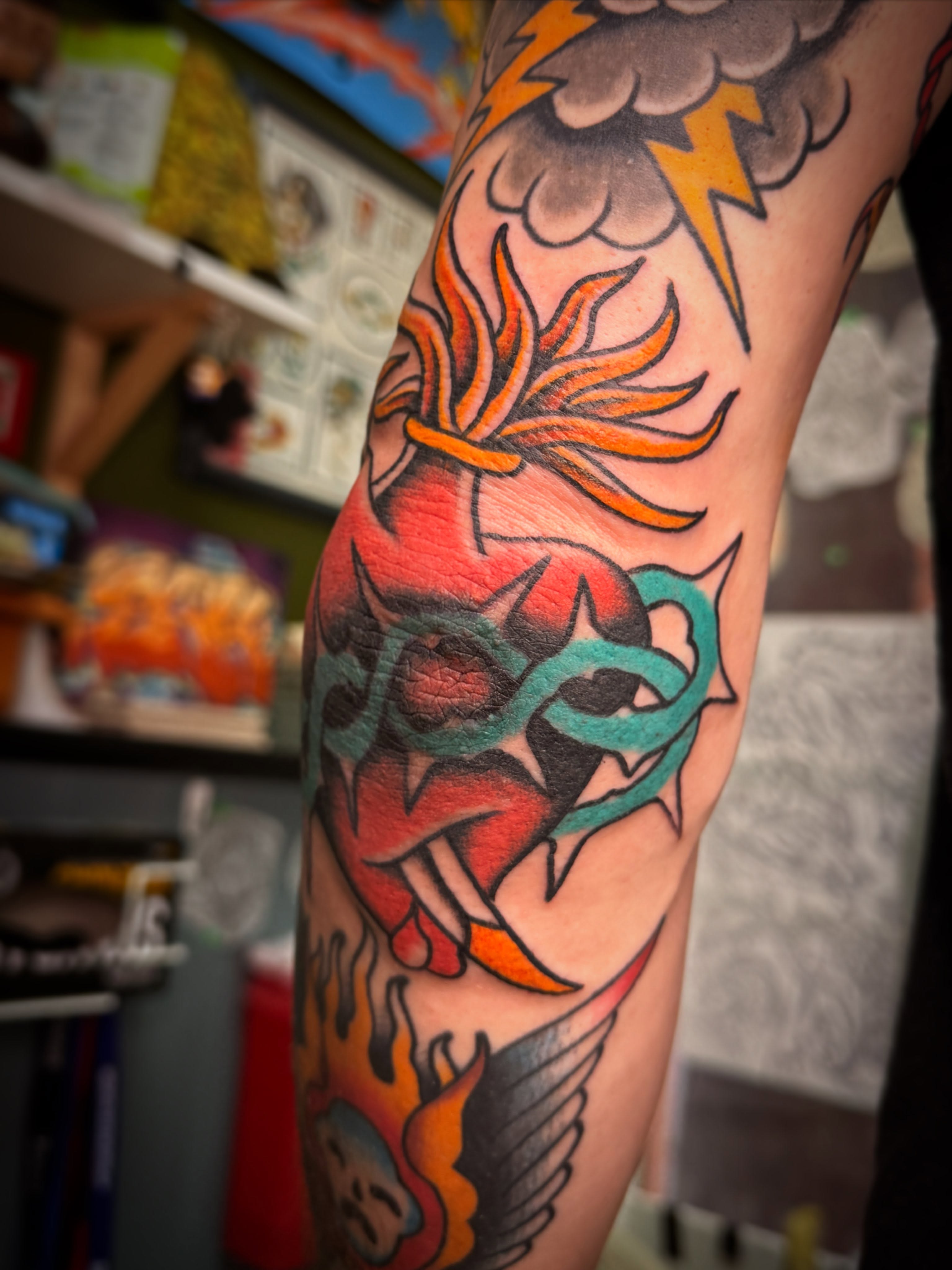 Demon head American traditional tattoo on the forearm by 🕸curtis Fink🕸