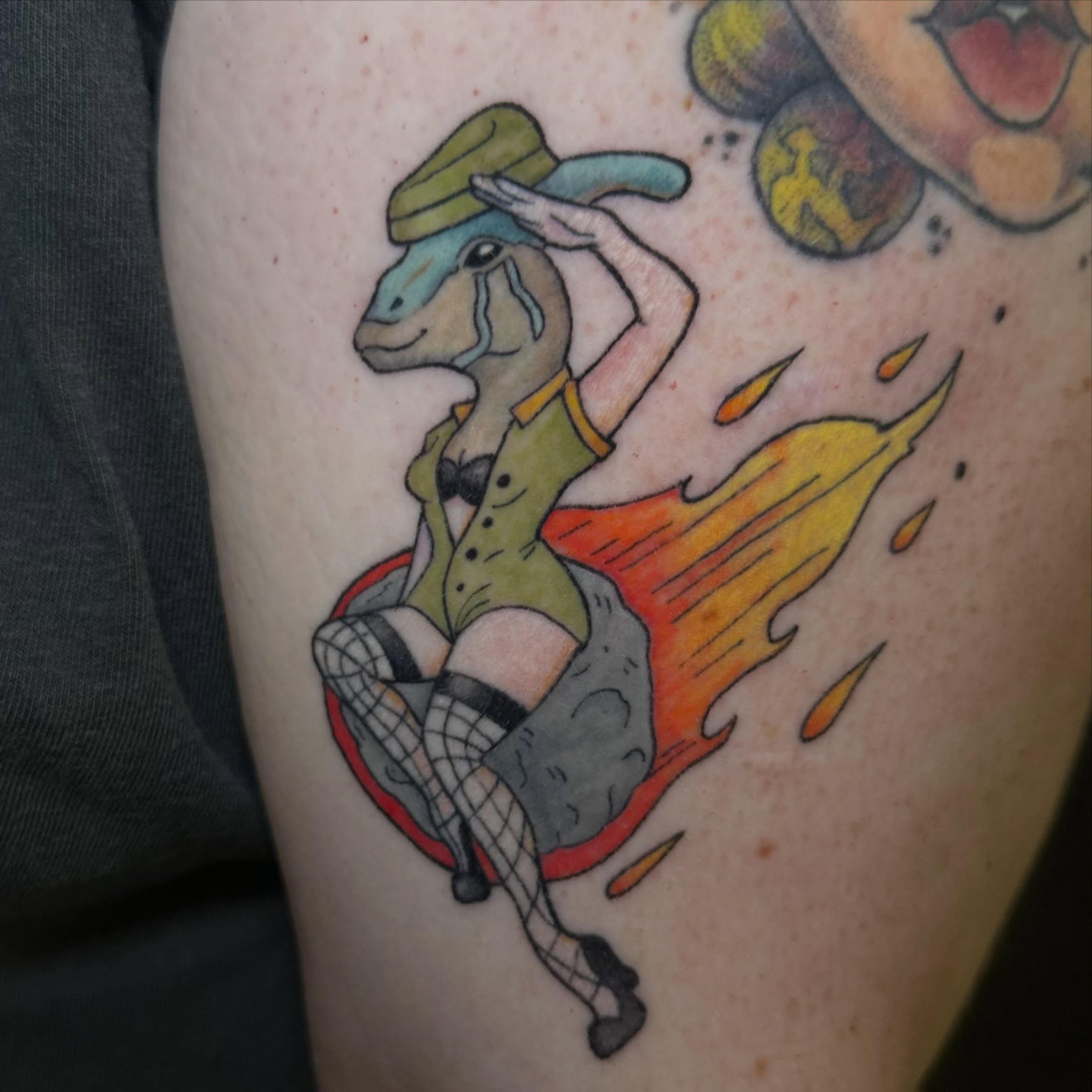 Goat in flight new school tattoo on the thigh by Sam, Mount Laurel, New Jersey